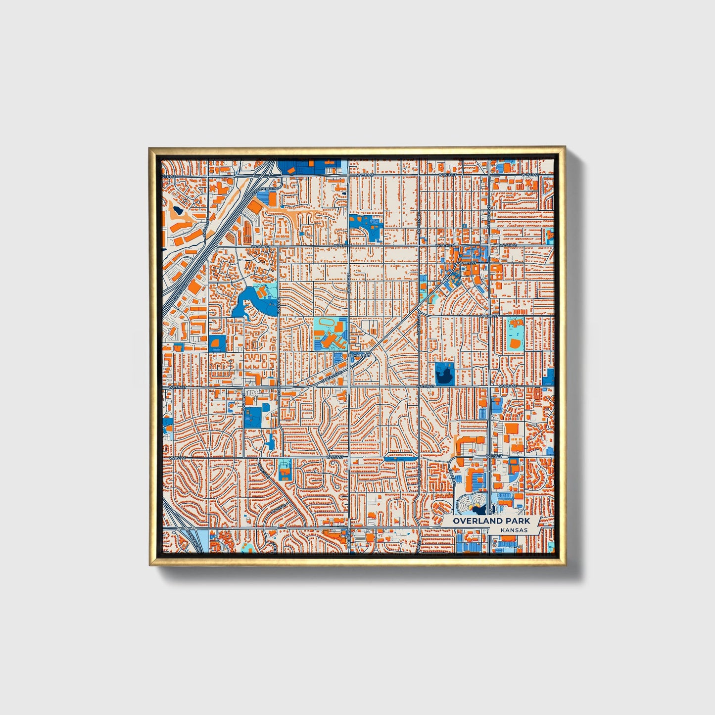 Overland Park Kansas Colorful City Map Canvas Print • Gold Framed