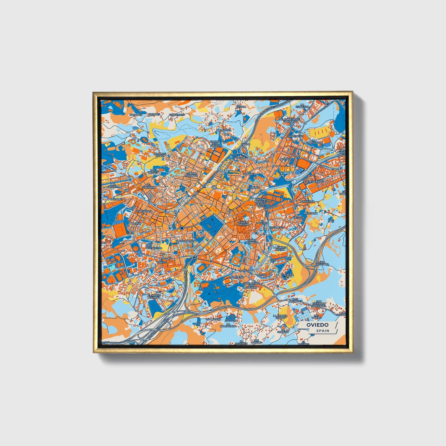 Oviedo Spain Colorful City Map Canvas Print • Gold Framed