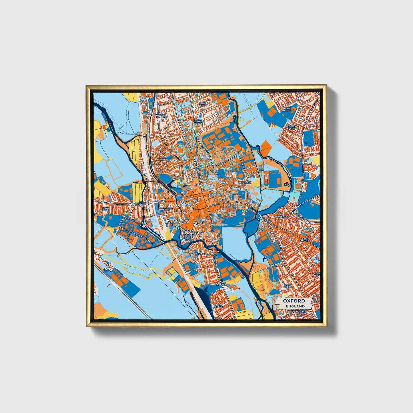 Oxford England Colorful City Map Canvas Print • Gold Framed