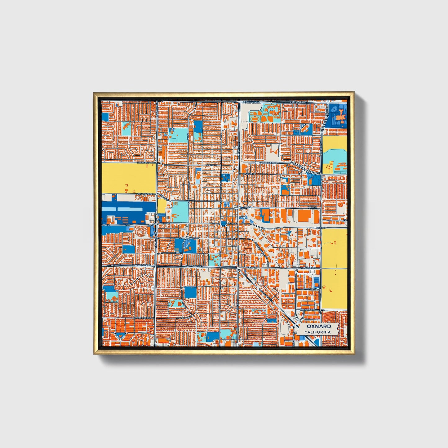 Oxnard California Colorful City Map Canvas Print • Gold Framed