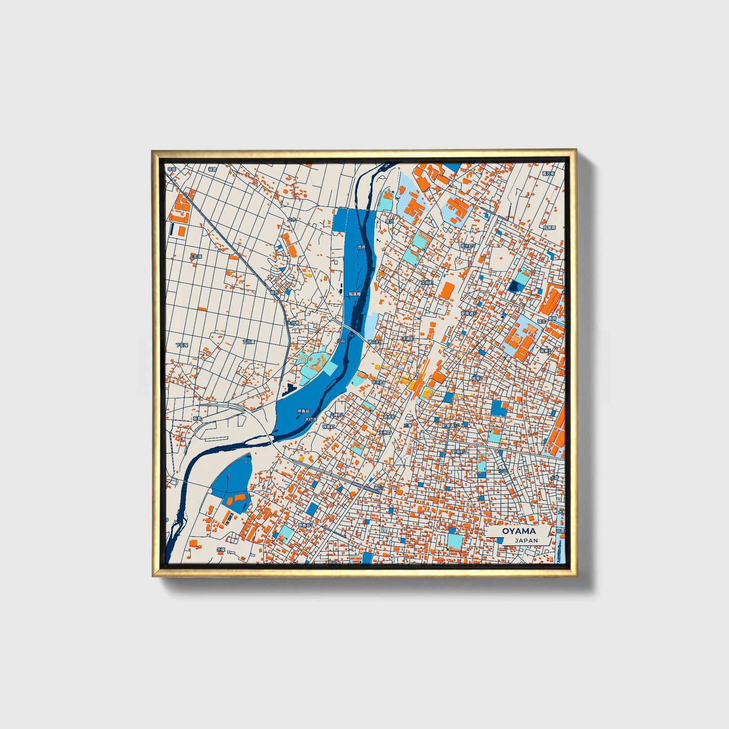 Oyama Japan Colorful City Map Canvas Print • Gold Framed