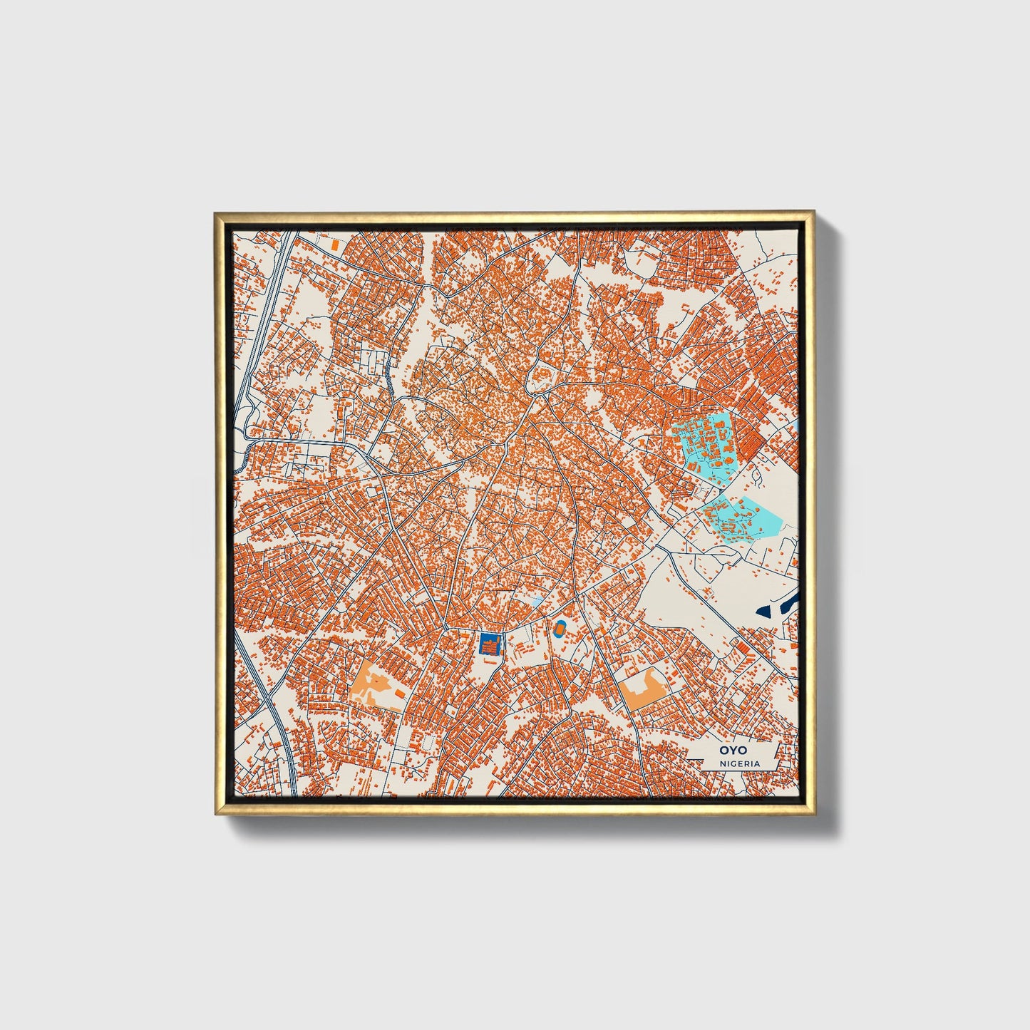 Oyo Nigeria Colorful City Map Canvas Print • Gold Framed