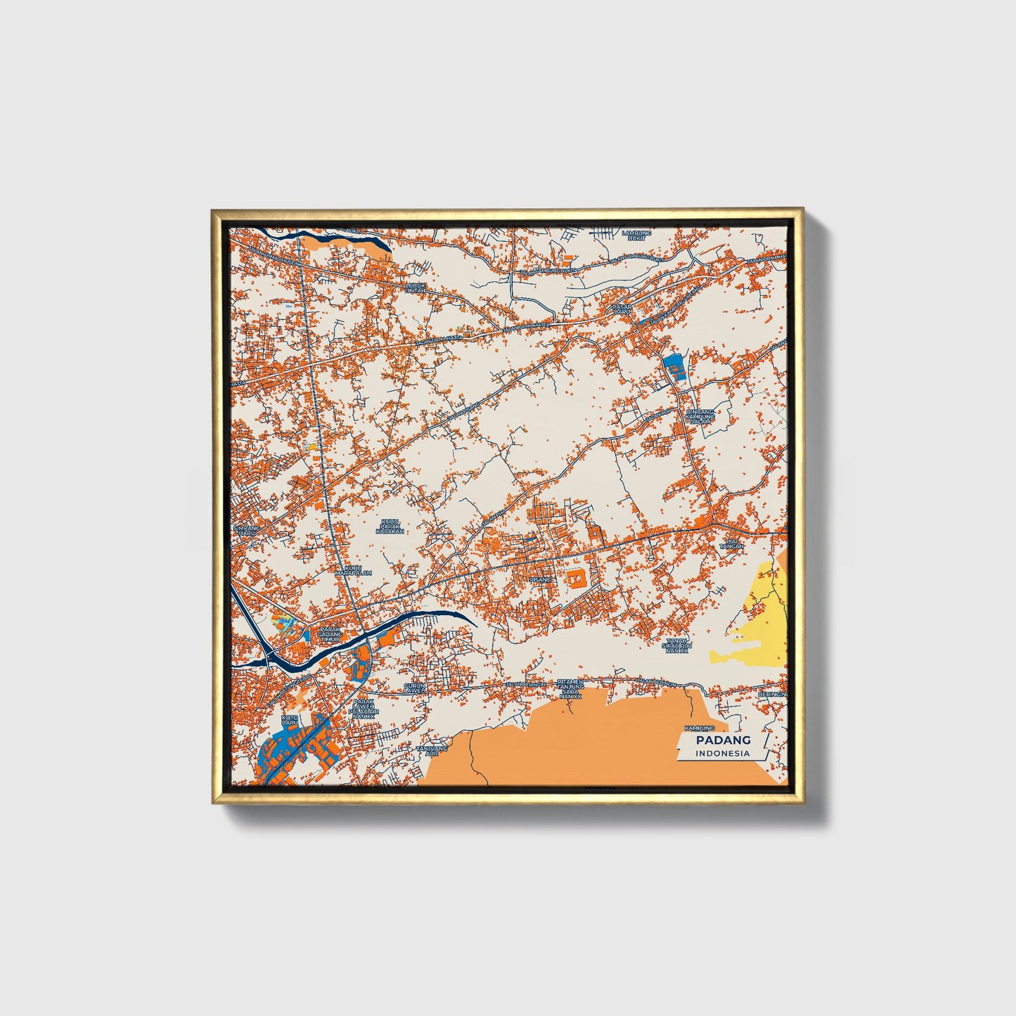 Padang Indonesia Colorful City Map Canvas Print • Gold Framed