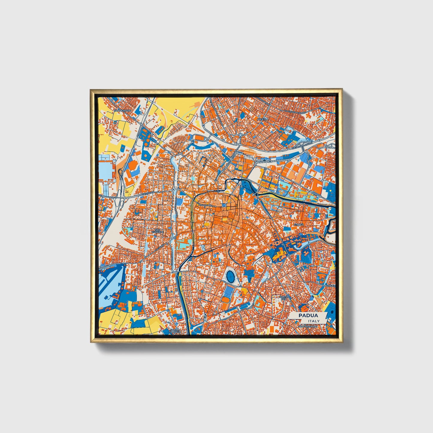 Padova Italy Colorful City Map Canvas Print • Gold Framed