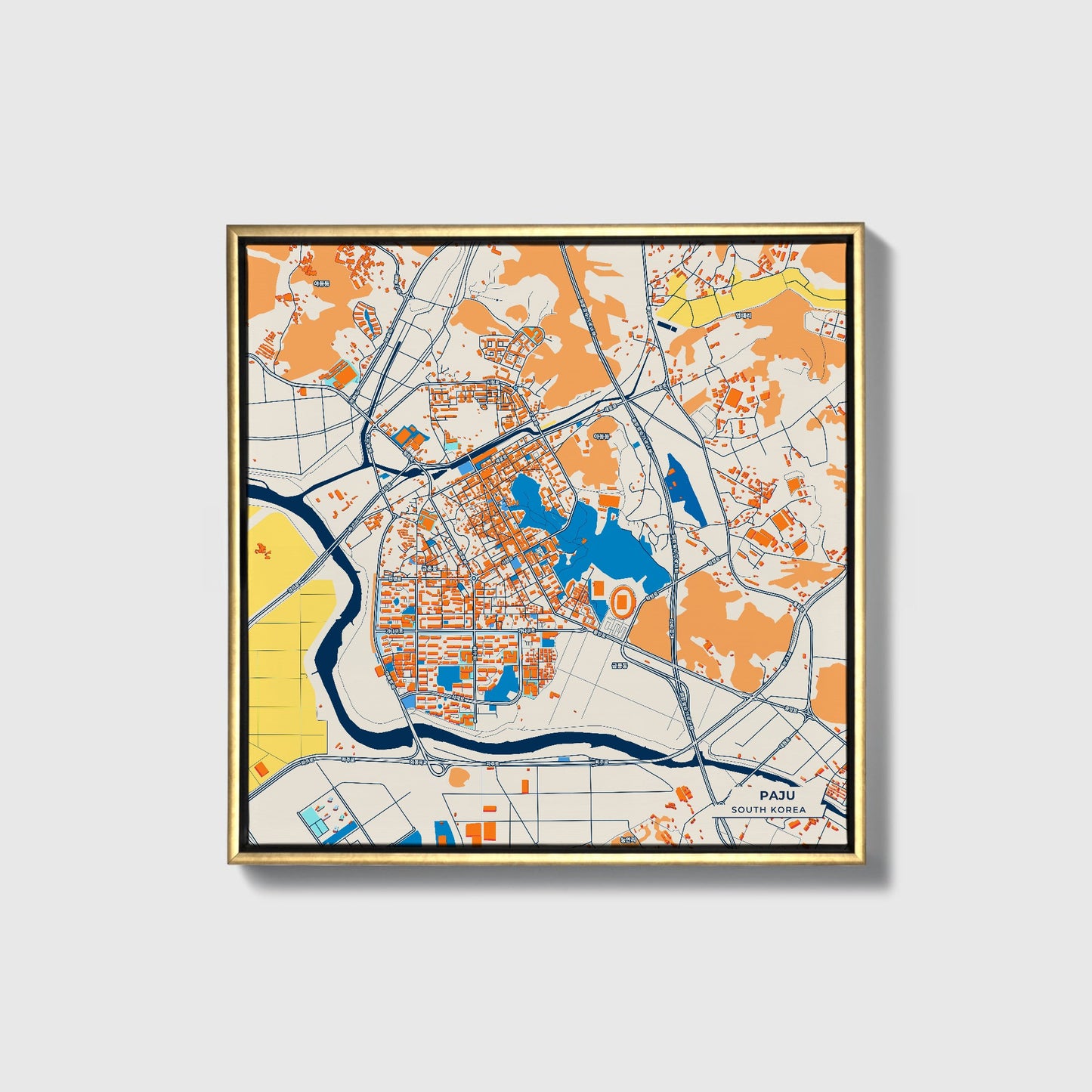 Paju South Korea Colorful City Map Canvas Print • Gold Framed