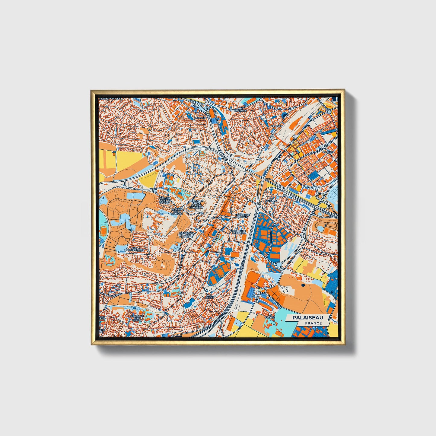 Palaiseau France Colorful City Map Canvas Print • Gold Framed