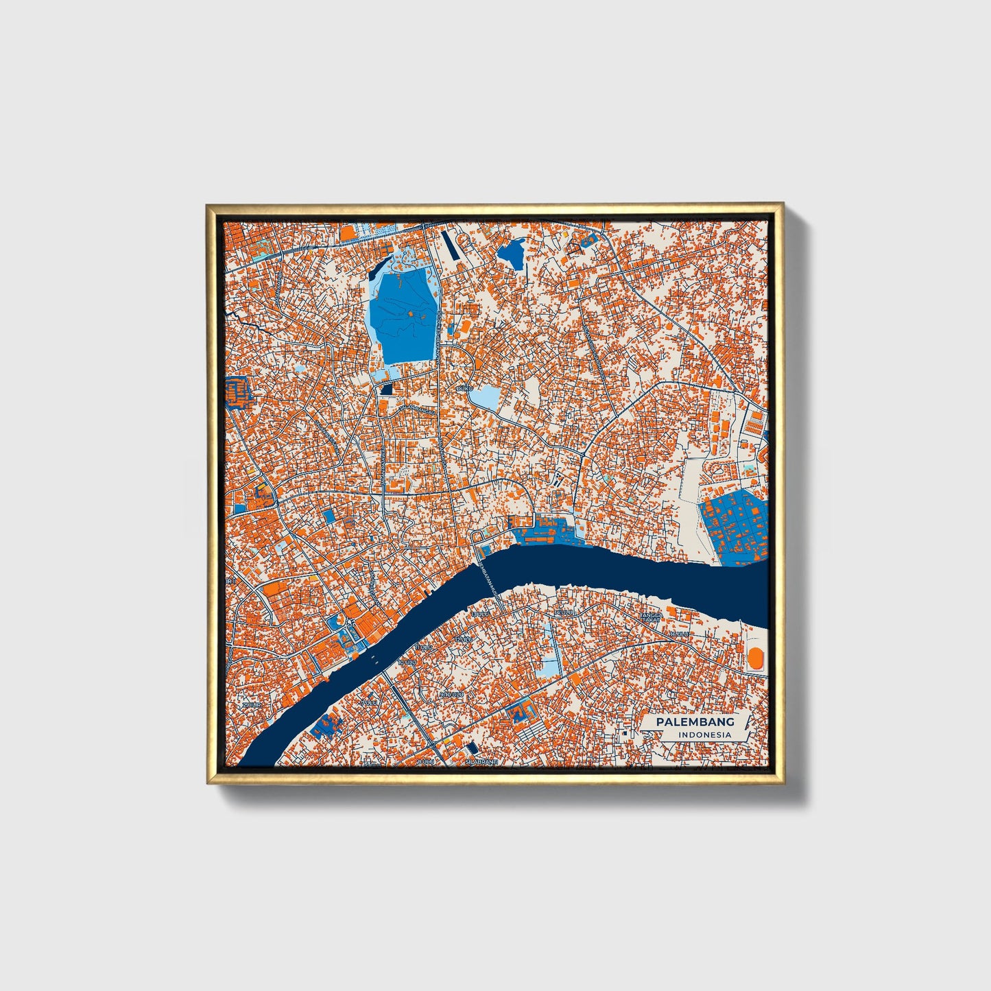 Palembang Indonesia Colorful City Map Canvas Print • Gold Framed