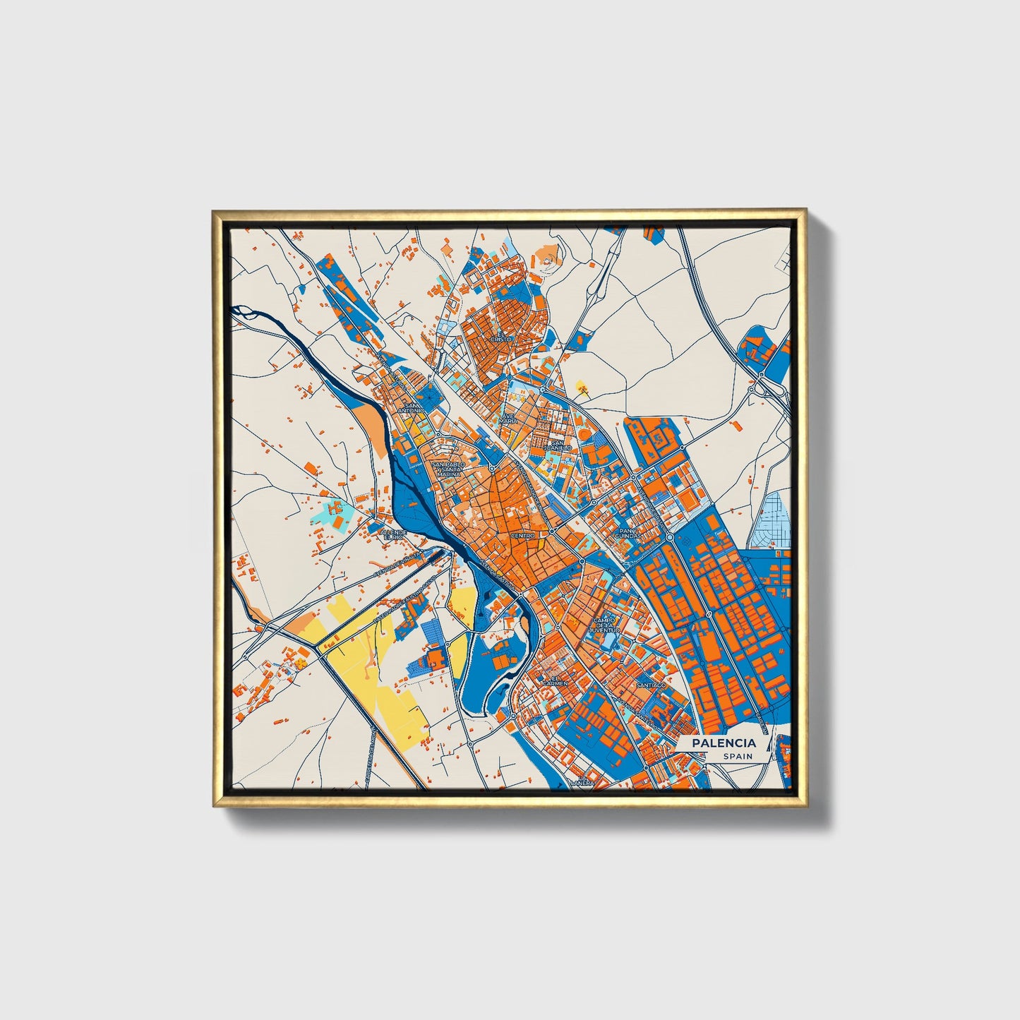 Palencia Spain Colorful City Map Canvas Print • Gold Framed
