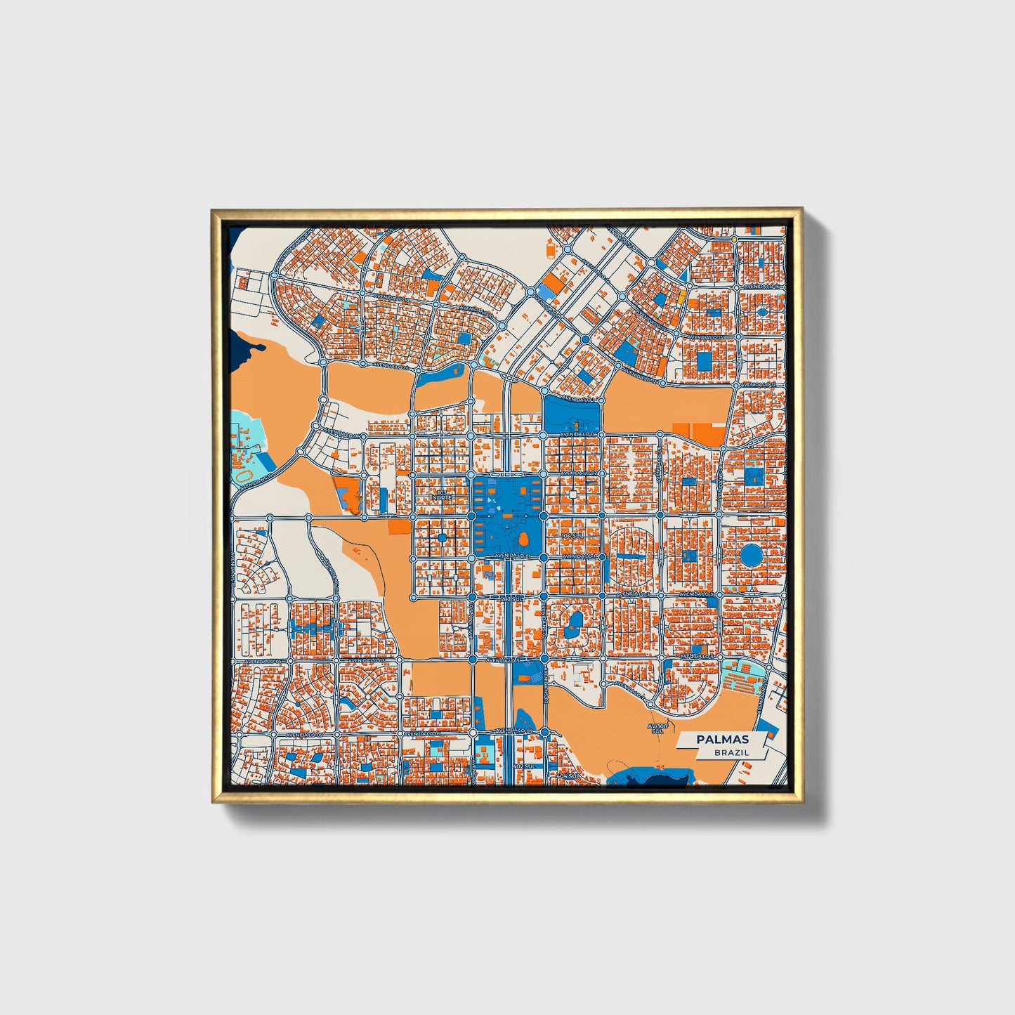 Palmas Brazil Colorful City Map Canvas Print • Gold Framed