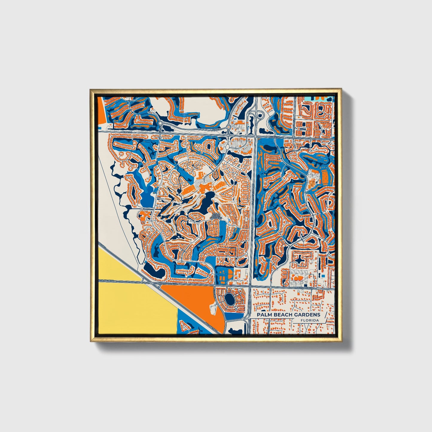 Palm Beach Gardens Florida Colorful City Map Canvas Print • Gold Framed