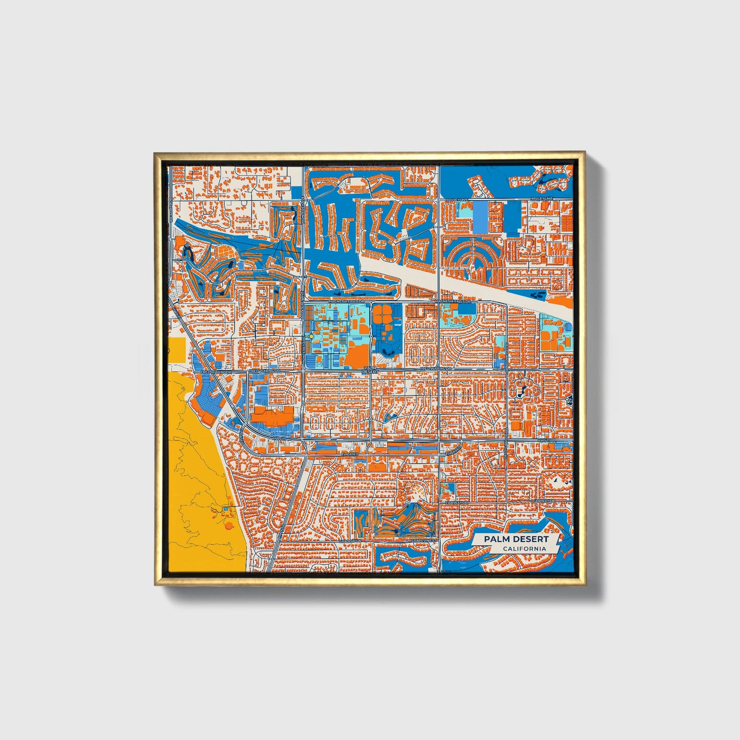 Palm Desert California Colorful City Map Canvas Print • Gold Framed