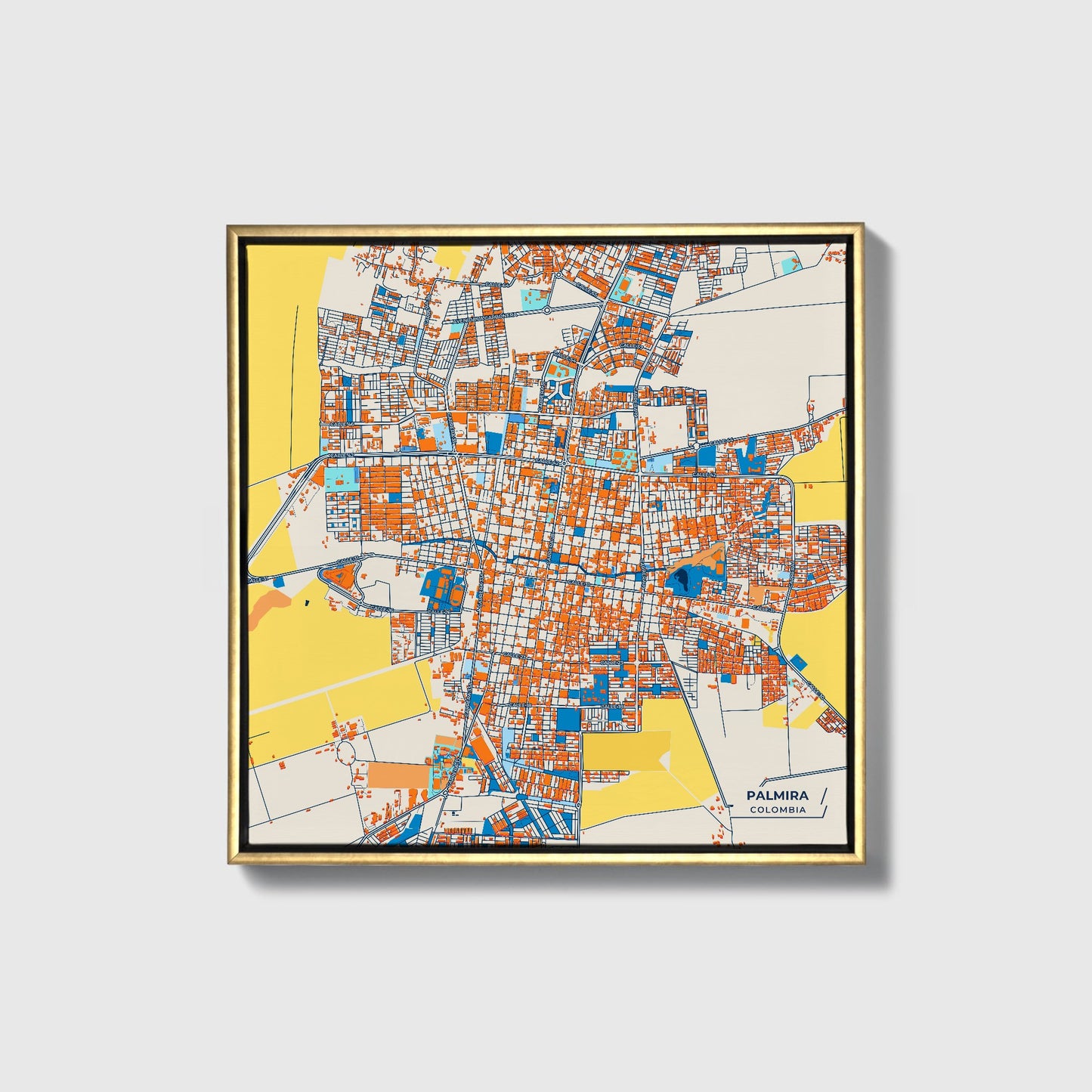 Palmira Colombia Colorful City Map Canvas Print • Gold Framed