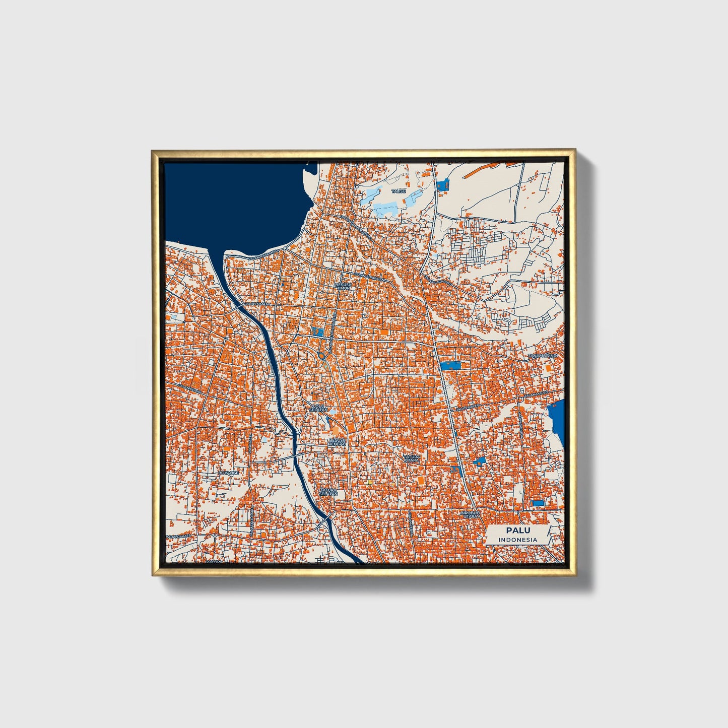 Palu Indonesia Colorful City Map Canvas Print • Gold Framed