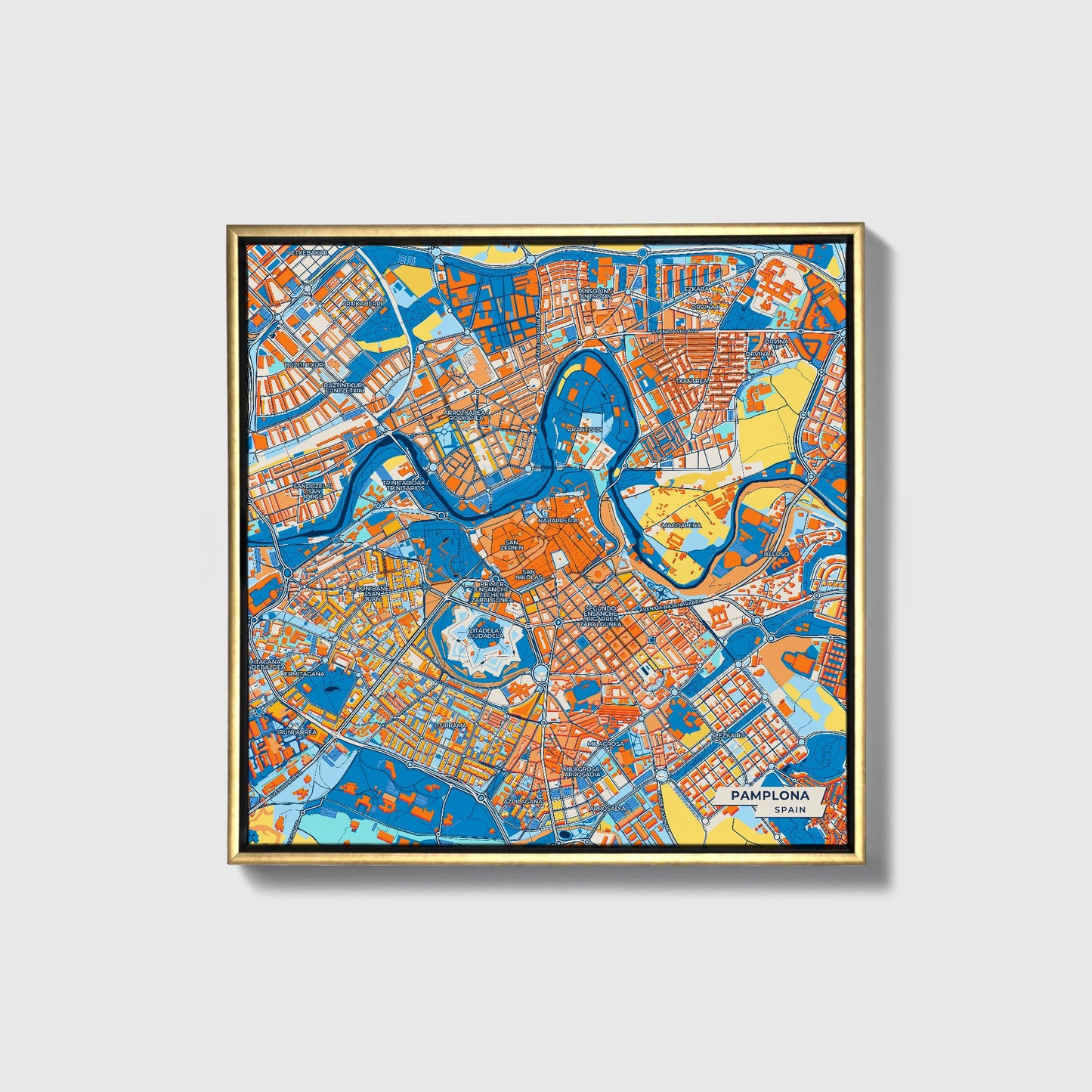 Pamplona Spain Colorful City Map Canvas Print • Gold Framed