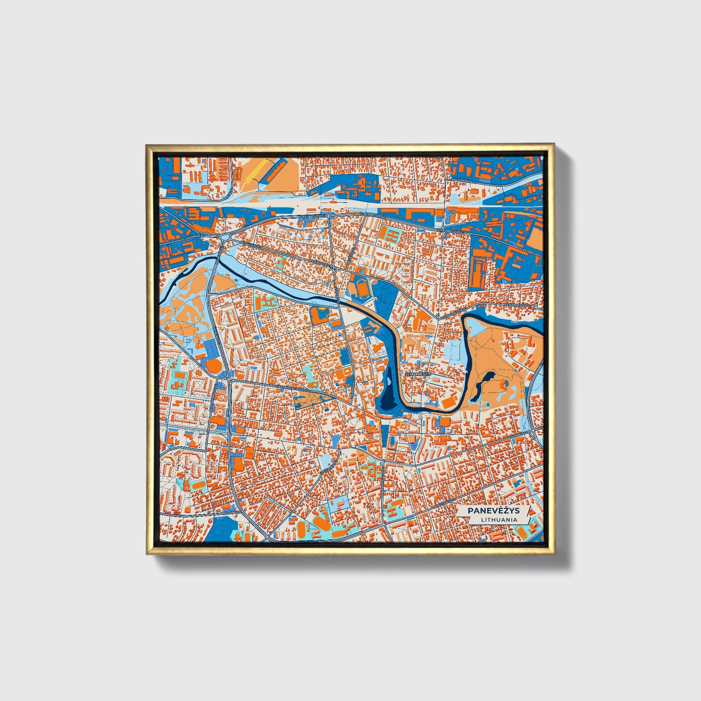 Panevėžys Lithuania Colorful City Map Canvas Print • Gold Framed