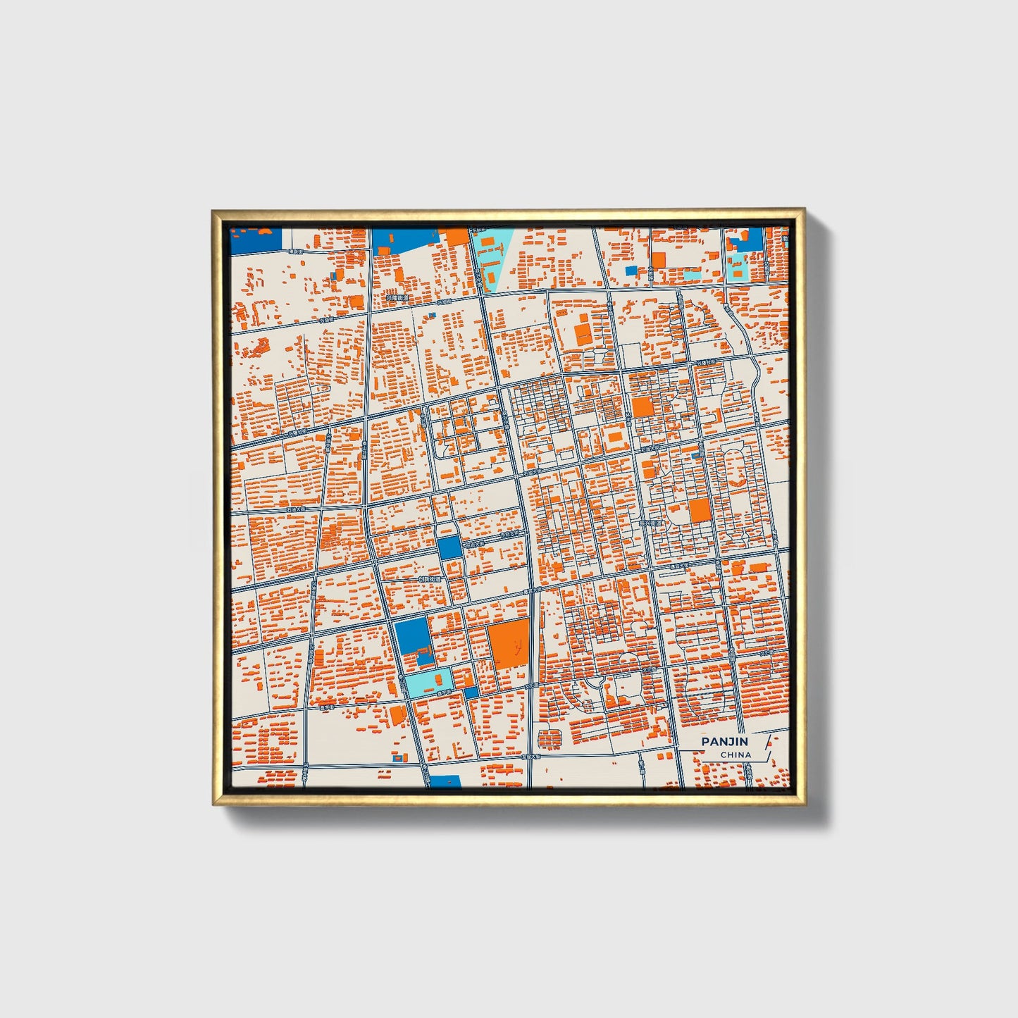 Panjin China Colorful City Map Canvas Print • Gold Framed