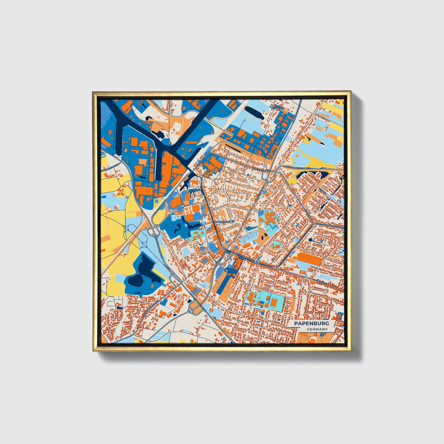Papenburg Germany Colorful City Map Canvas Print • Gold Framed