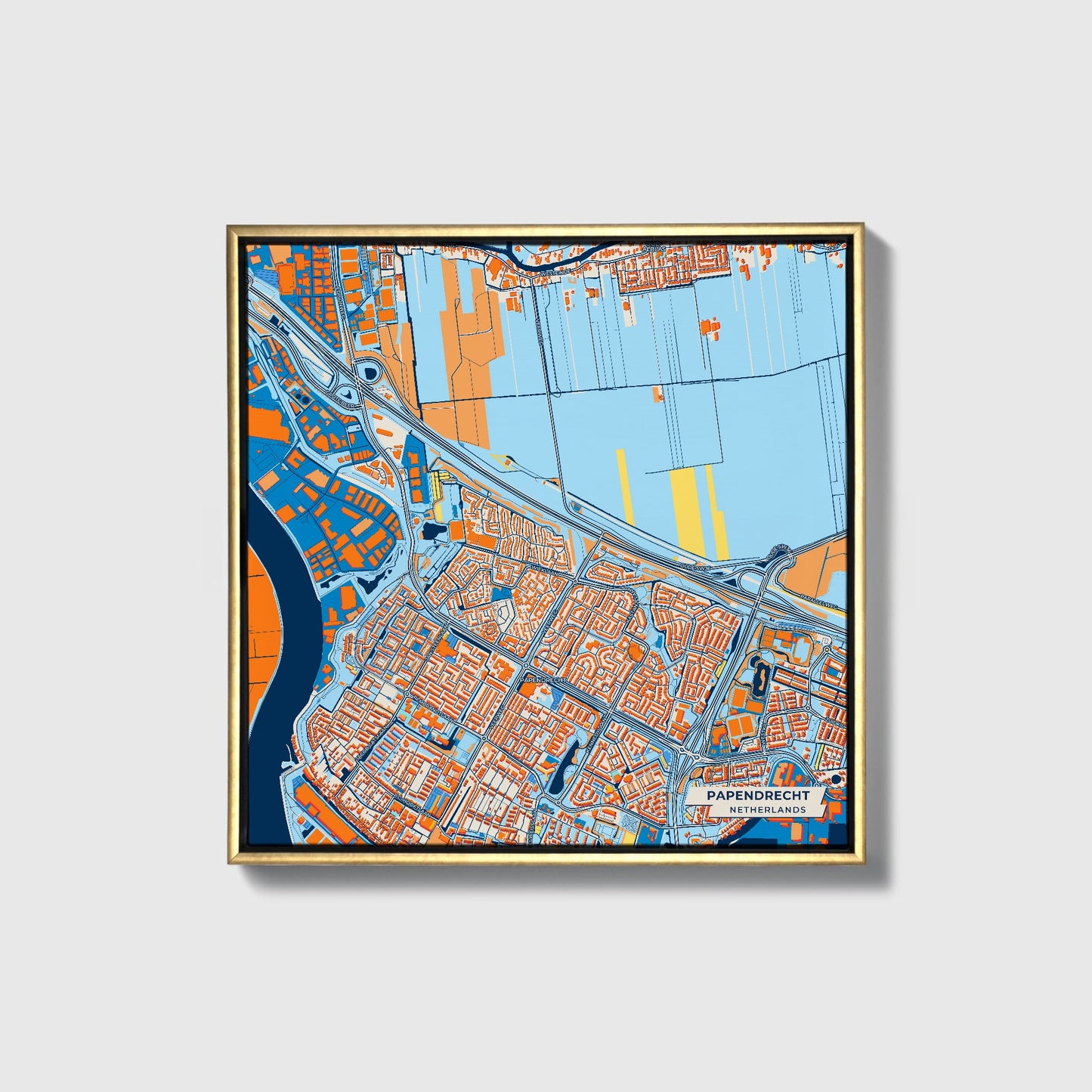 Papendrecht Netherlands Colorful City Map Canvas Print • Gold Framed