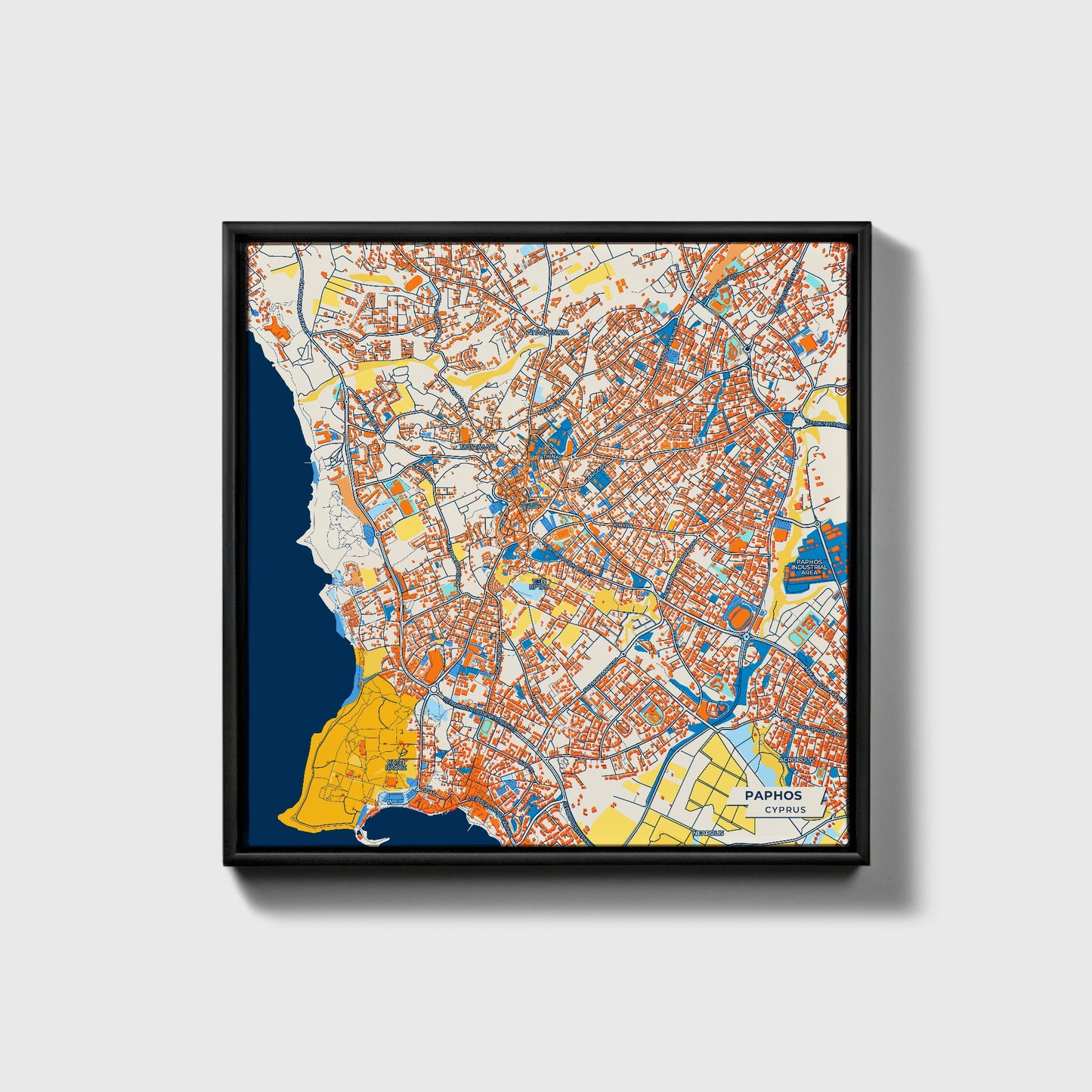 Paphos Cyprus Colorful City Map Canvas Print • Black Framed