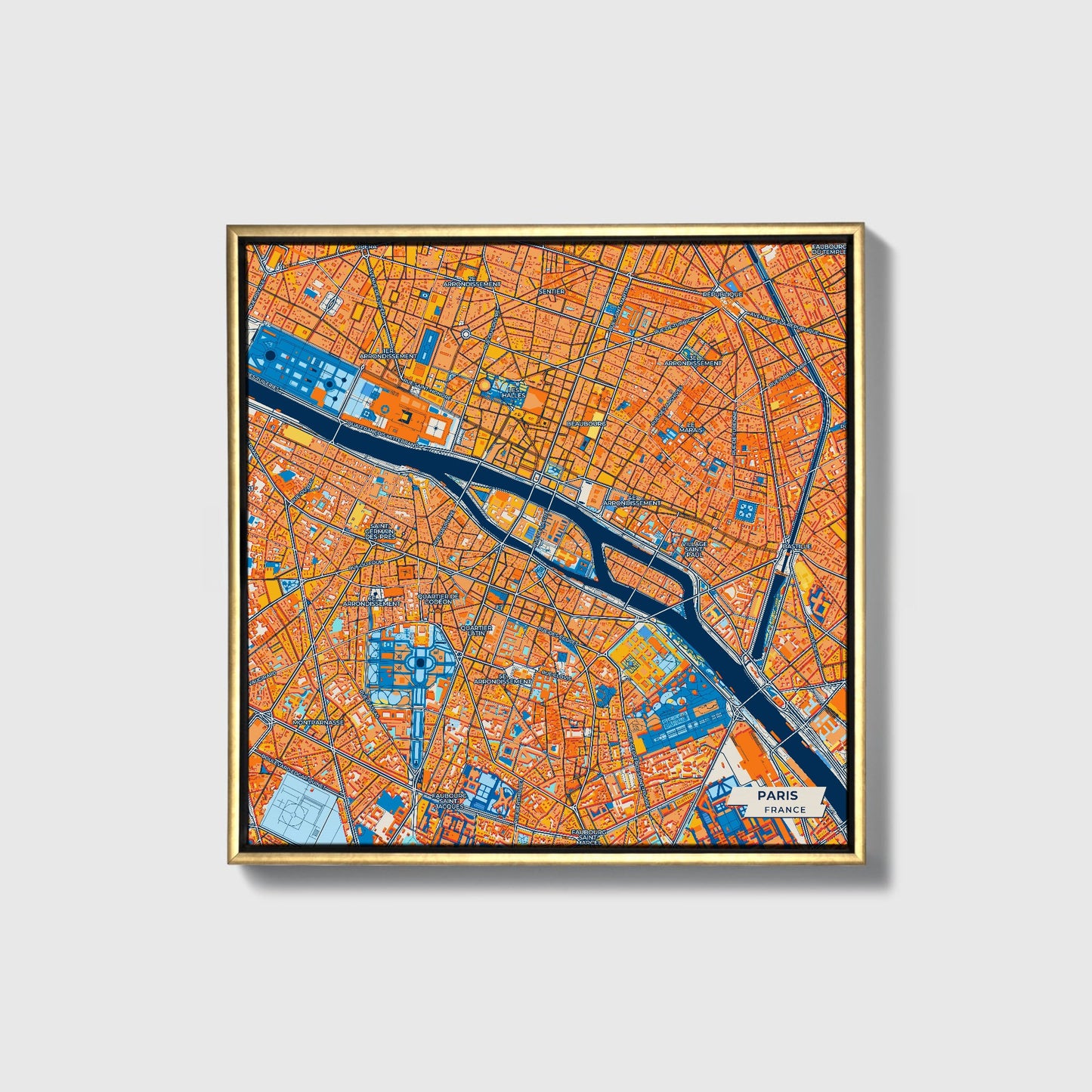 Paris France Colorful City Map Canvas Print • Gold Framed