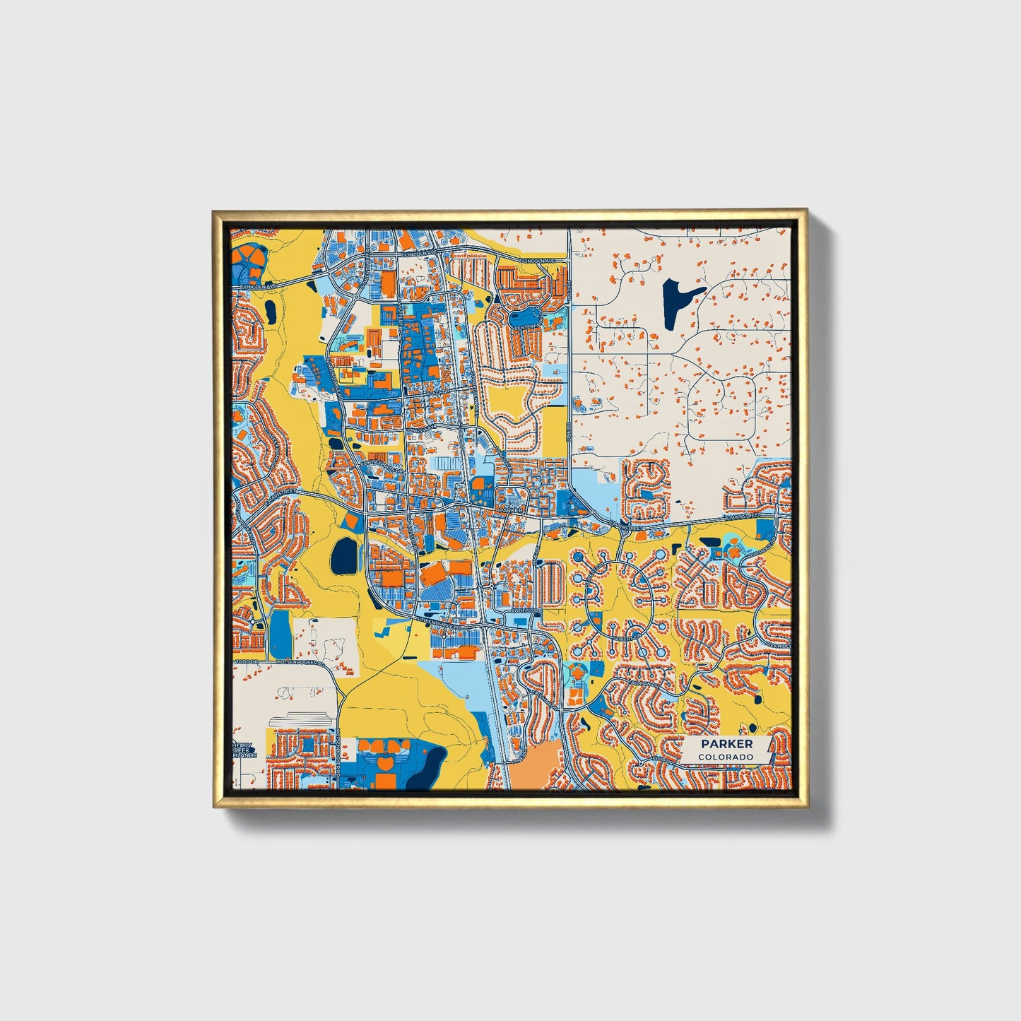 Parker Colorado Colorful City Map Canvas Print • Gold Framed