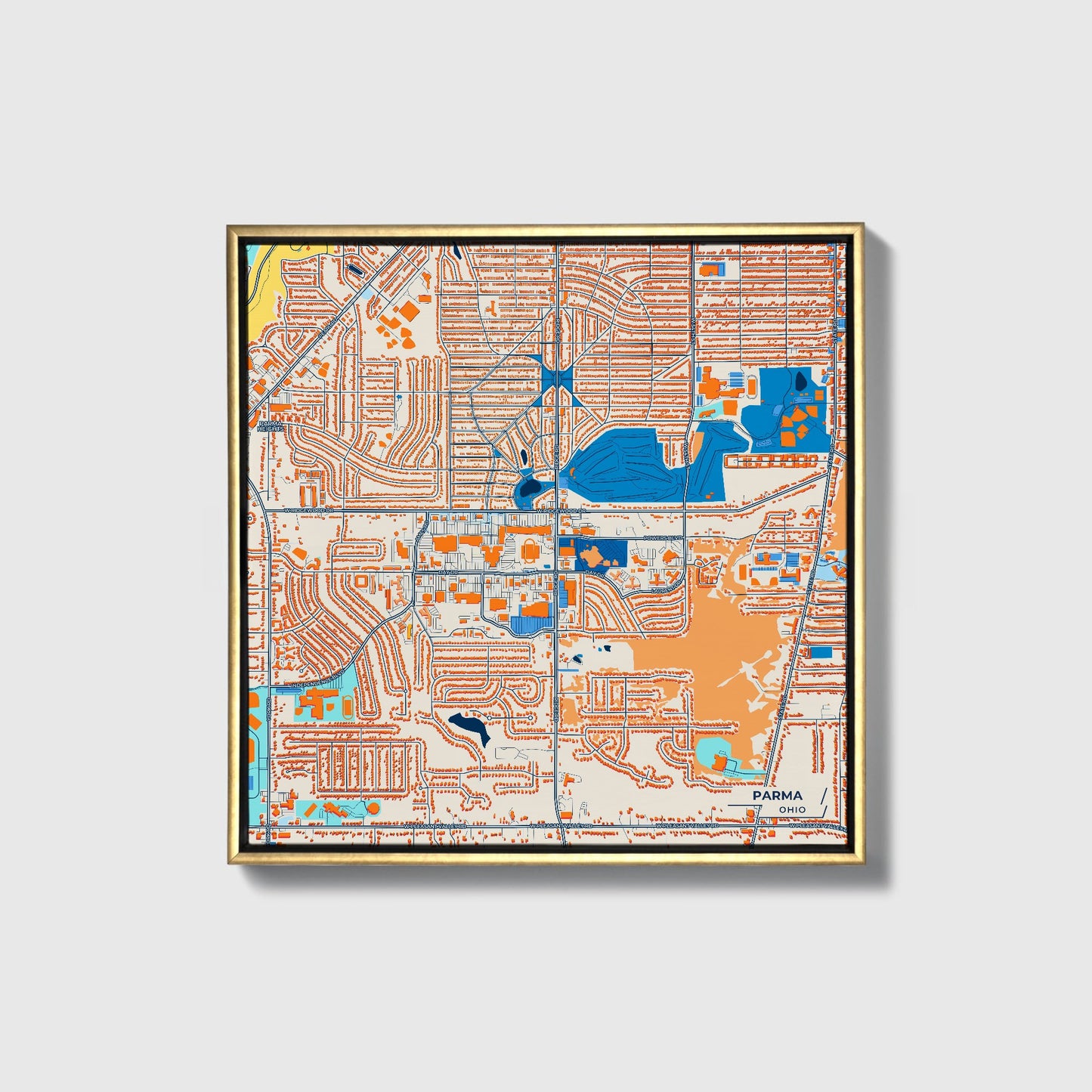 Parma Ohio Colorful City Map Canvas Print • Gold Framed