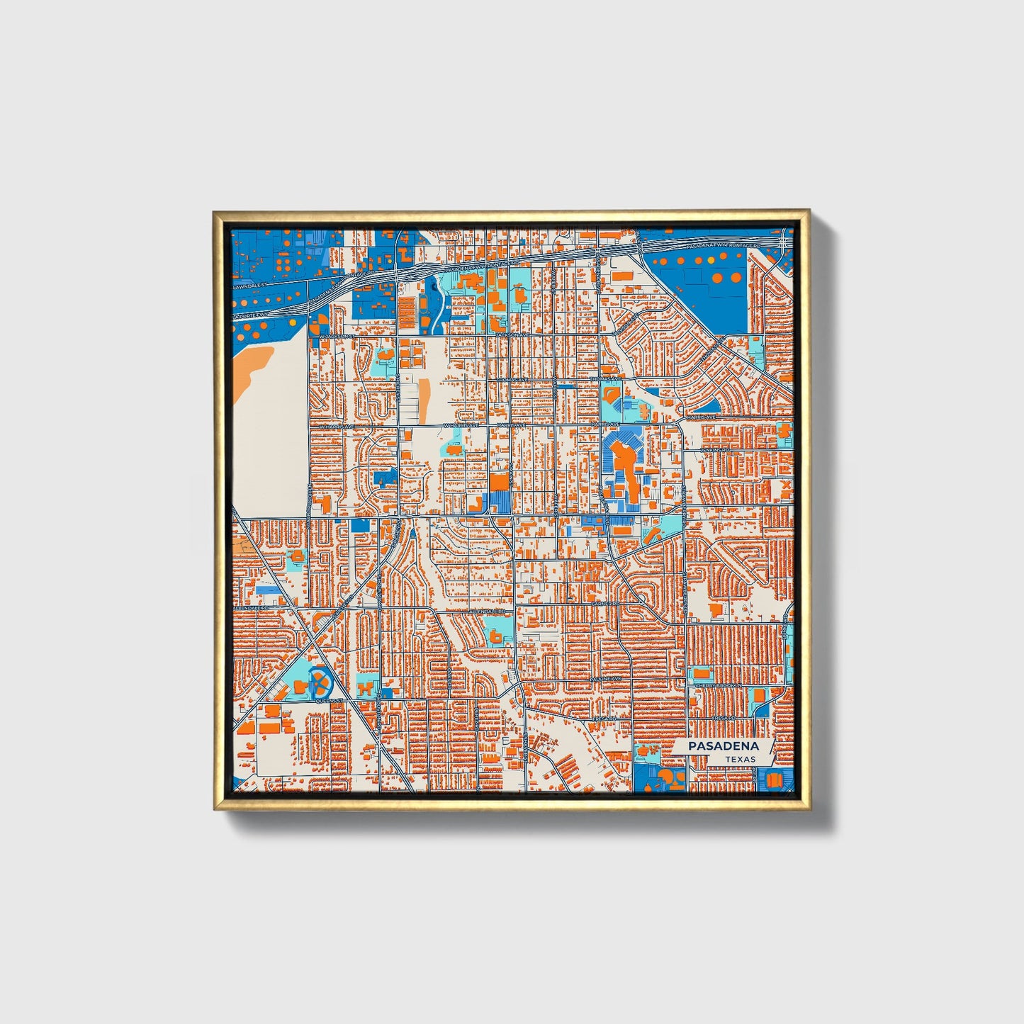 Pasadena Texas Colorful City Map Canvas Print • Gold Framed