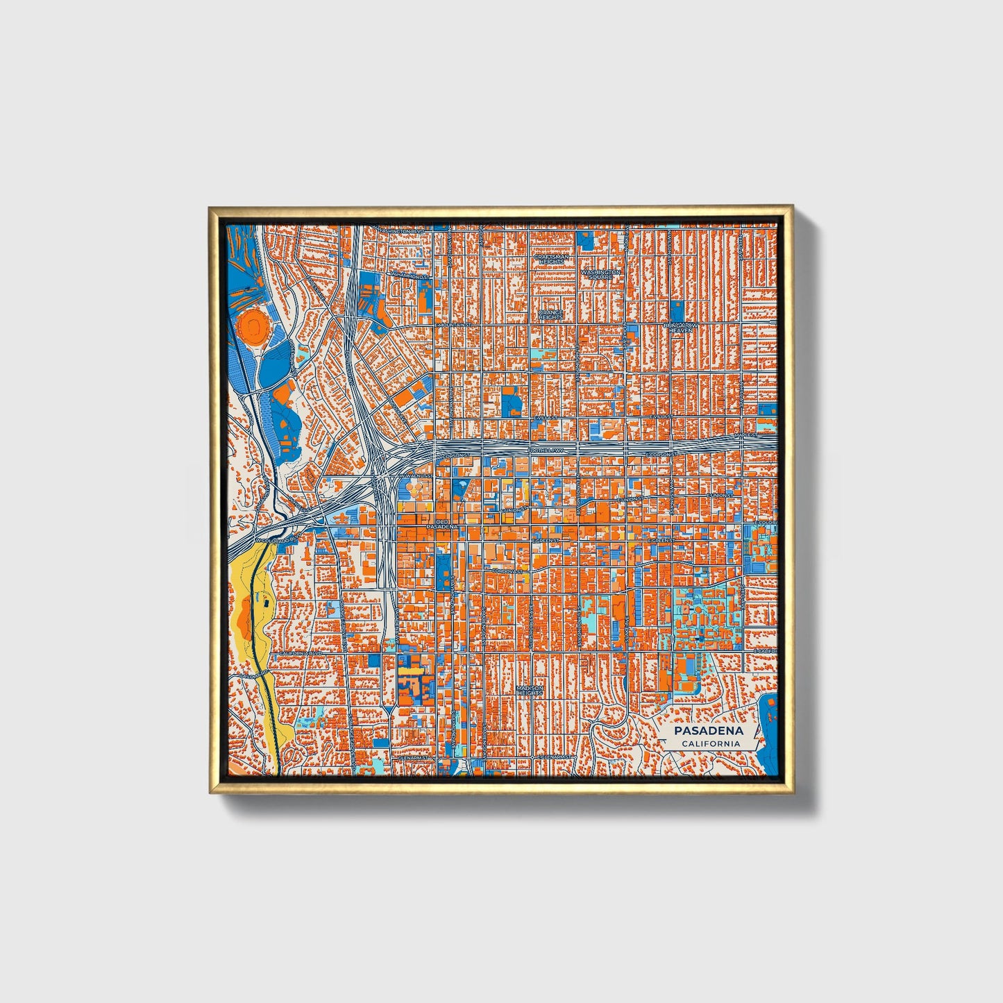 Pasadena California Colorful City Map Canvas Print • Gold Framed