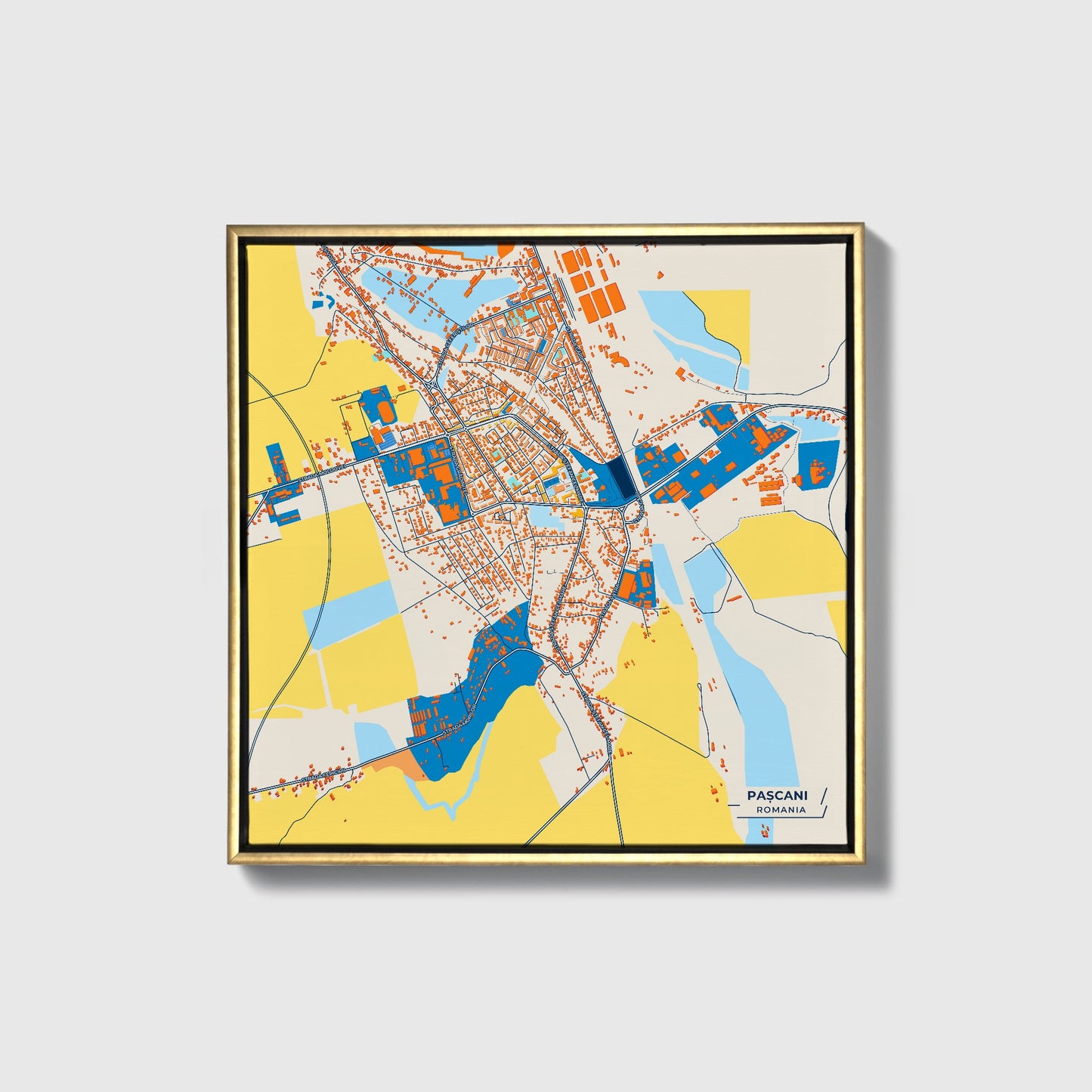 Pașcani Romania Colorful City Map Canvas Print • Gold Framed