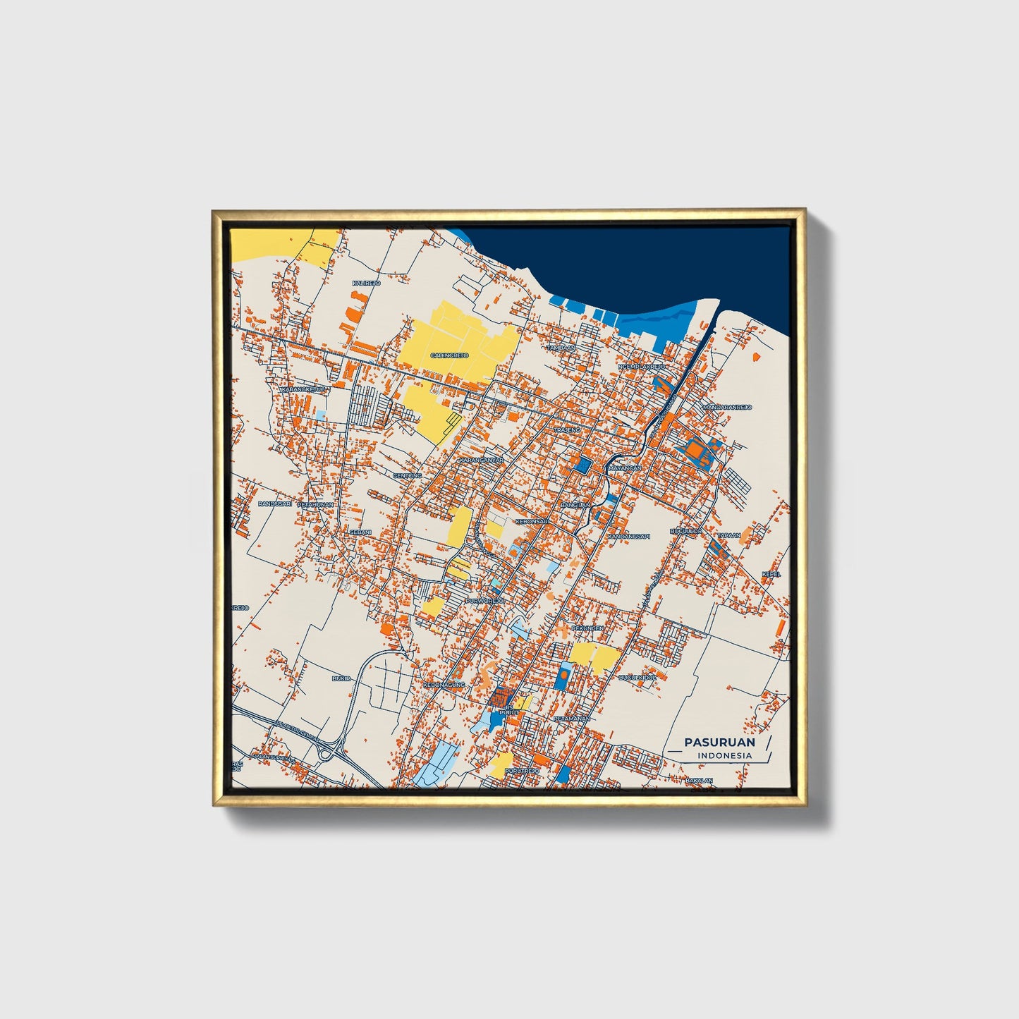Pasuruan Indonesia Colorful City Map Canvas Print • Gold Framed
