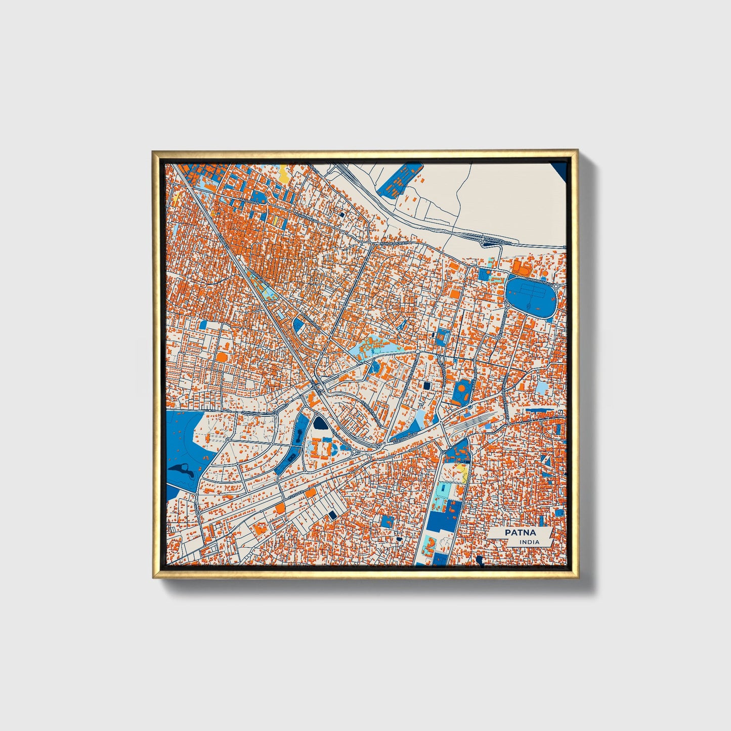 Patna India Colorful City Map Canvas Print • Gold Framed