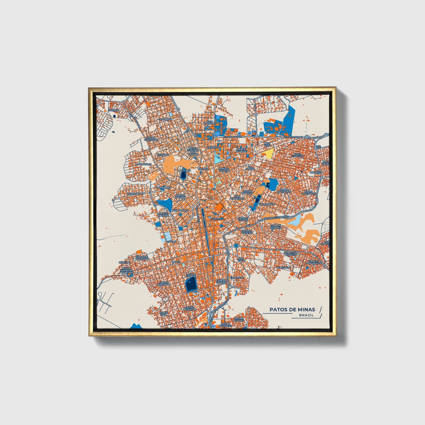 Patos De Minas Brazil Colorful City Map Canvas Print • Gold Framed