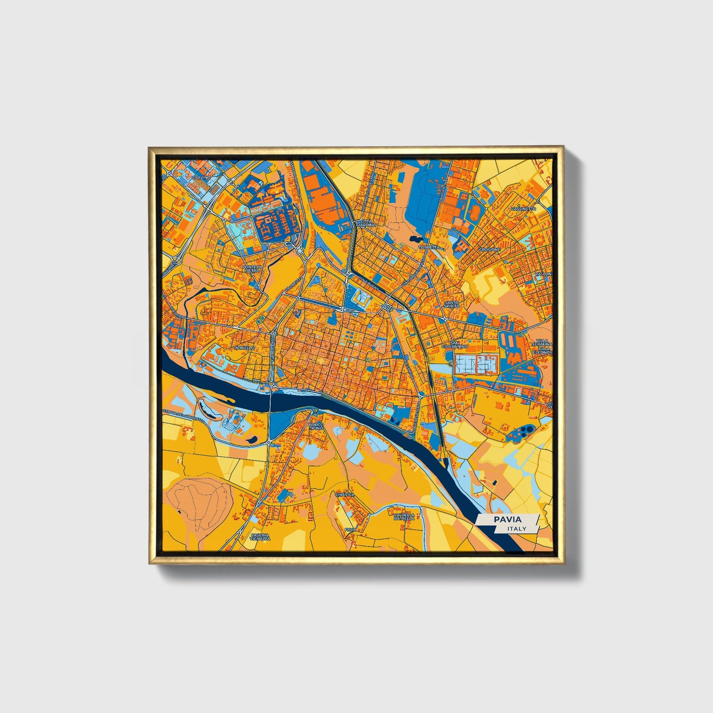 Pavia Italy Colorful City Map Canvas Print • Gold Framed