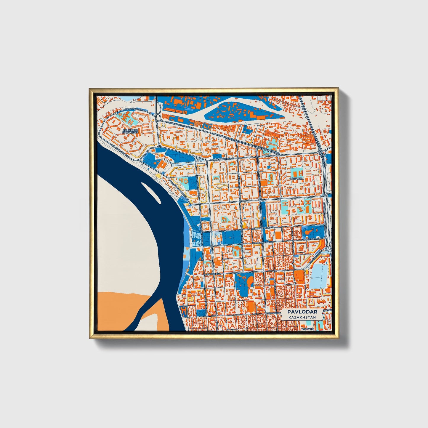 Pavlodar Kazakhstan Colorful City Map Canvas Print • Gold Framed