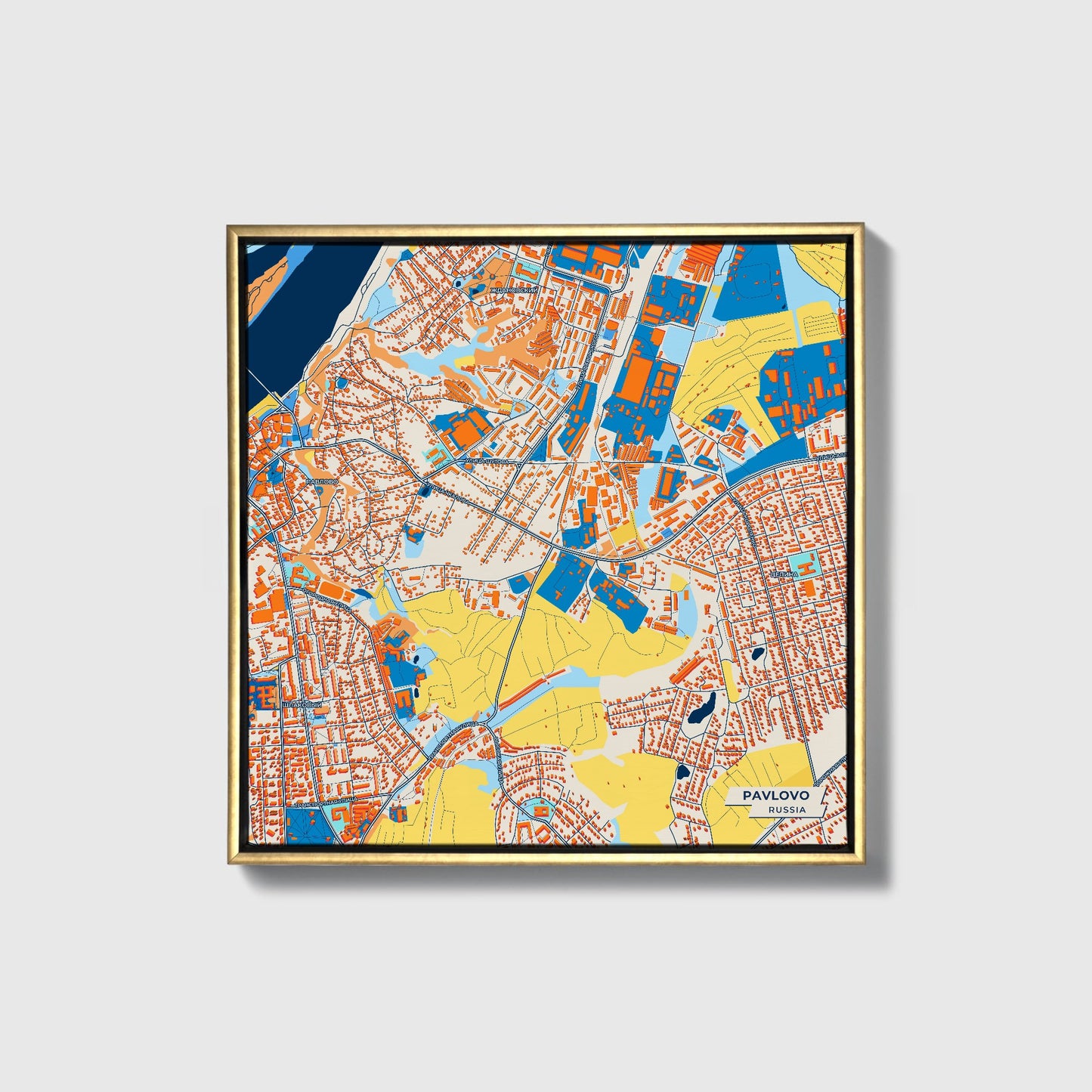 Павлово Russia Colorful City Map Canvas Print • Gold Framed