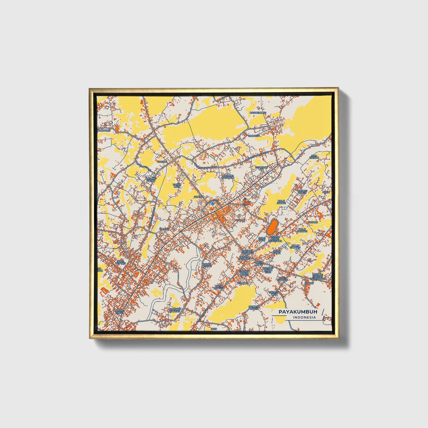 Payakumbuh Indonesia Colorful City Map Canvas Print • Gold Framed