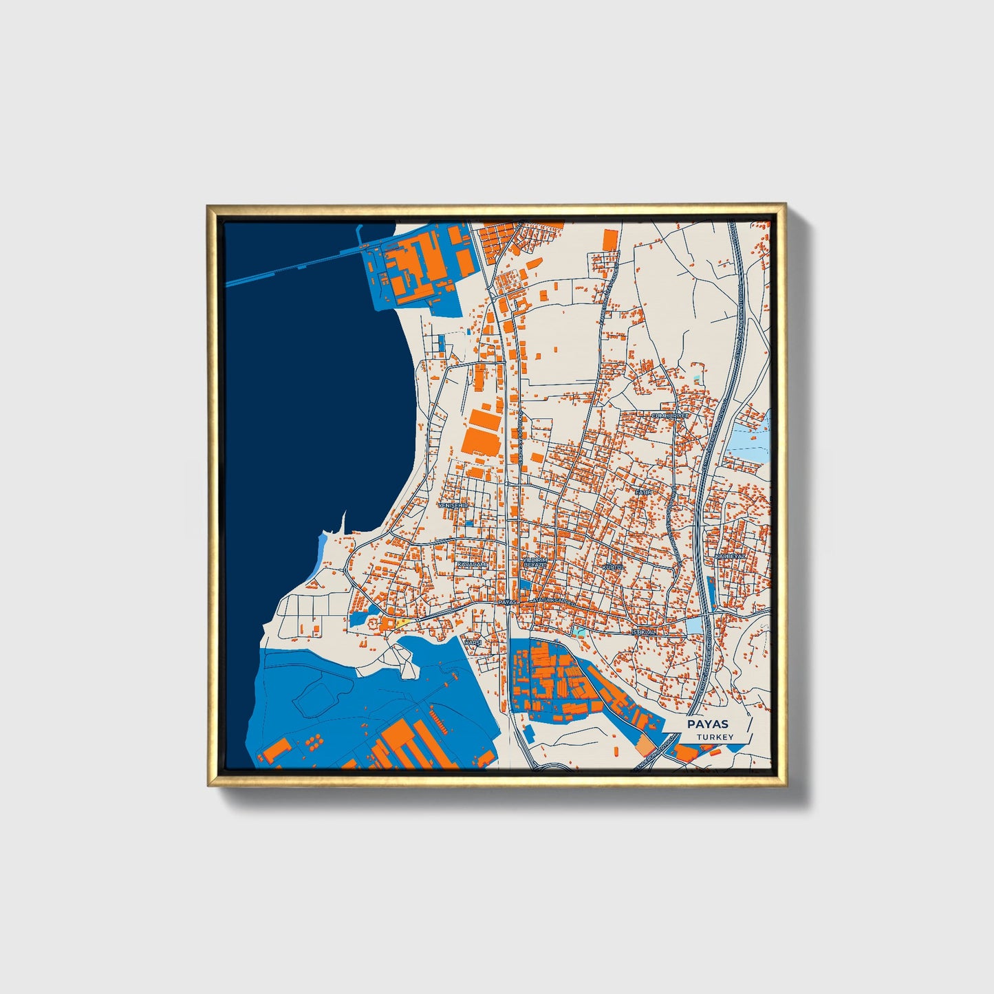 Payas Turkey Colorful City Map Canvas Print • Gold Framed