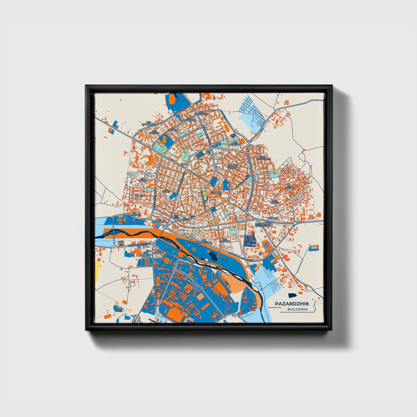 Пазарджик Bulgaria Colorful City Map Canvas Print • Black Framed