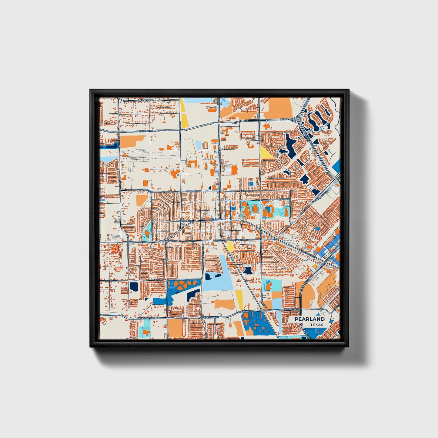 Pearland Texas Colorful City Map Canvas Print • Black Framed