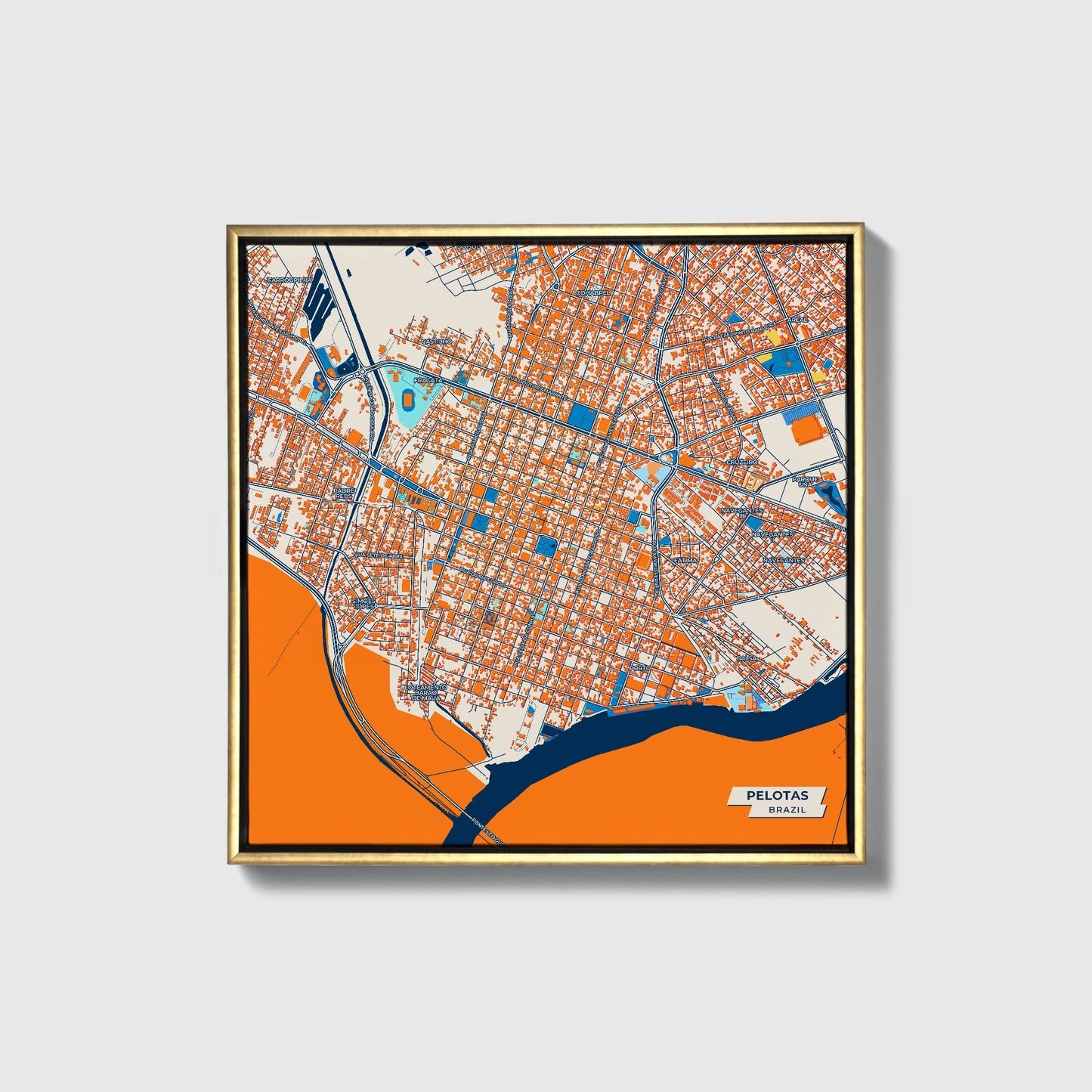 Pelotas Brazil Colorful City Map Canvas Print • Gold Framed