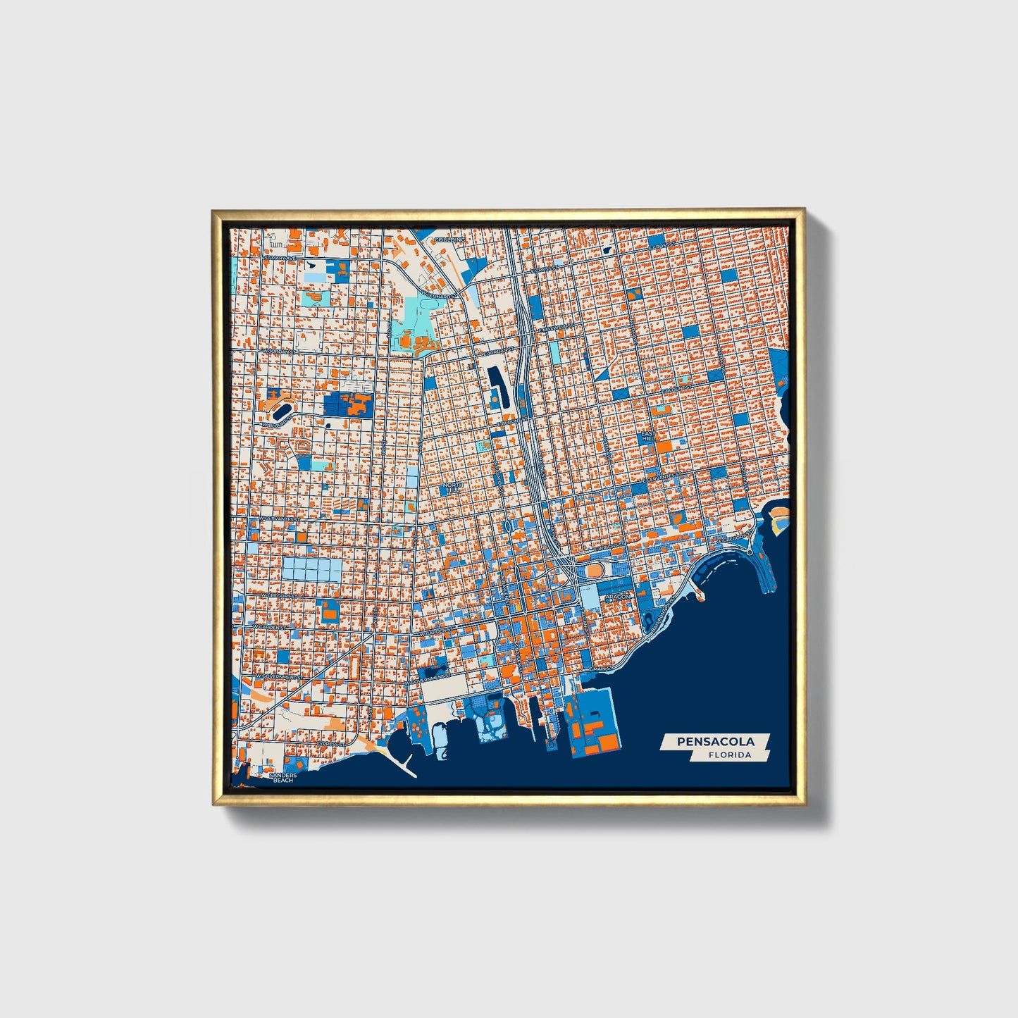 Pensacola Florida Colorful City Map Canvas Print • Gold Framed