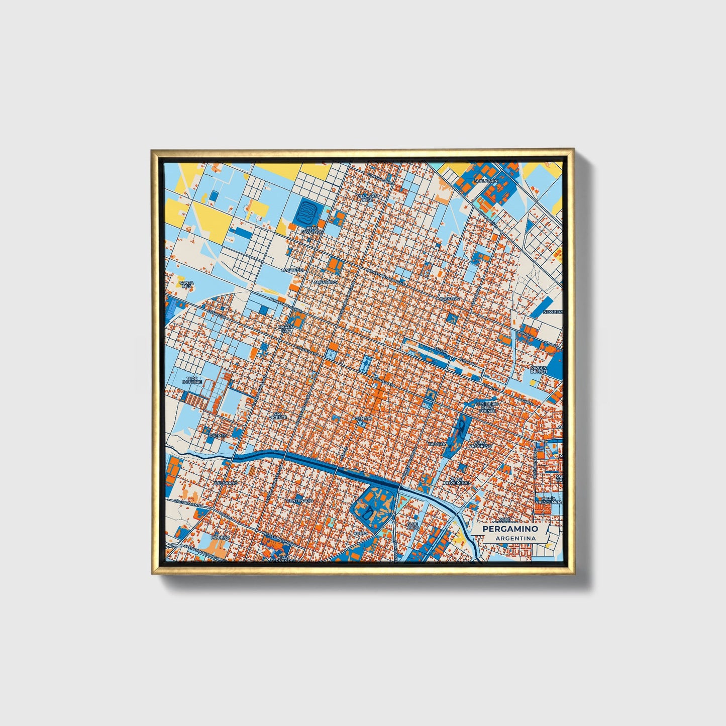 Pergamino Argentina Colorful City Map Canvas Print • Gold Framed