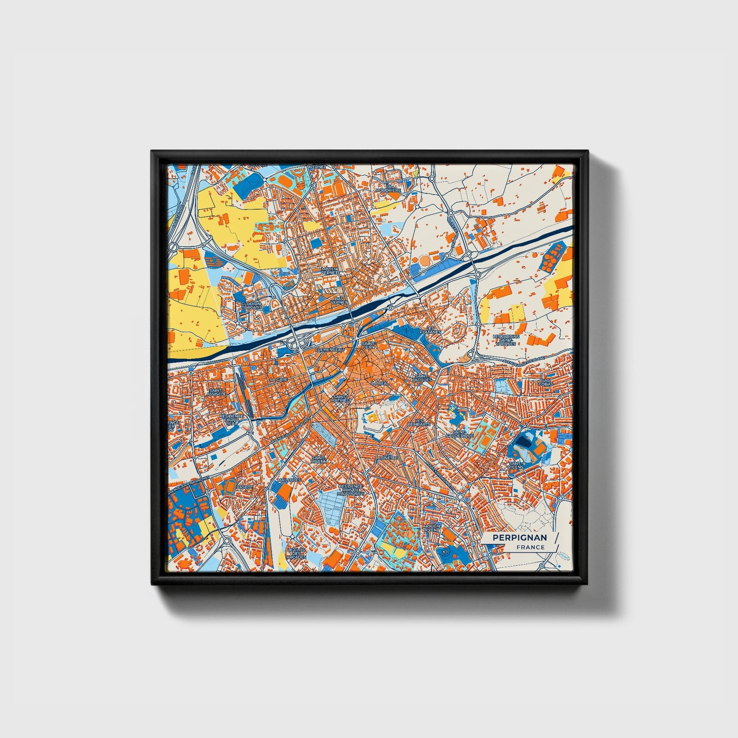 Perpignan France Colorful City Map Canvas Print • Black Framed