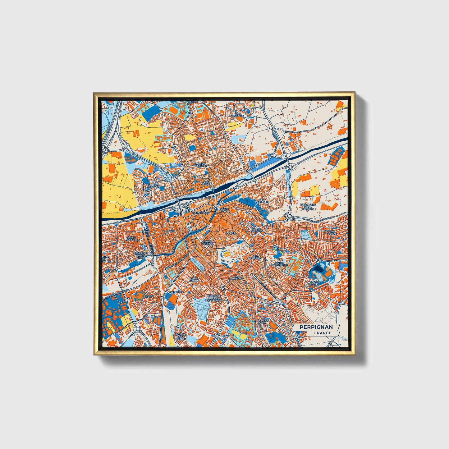 Perpignan France Colorful City Map Canvas Print • Gold Framed