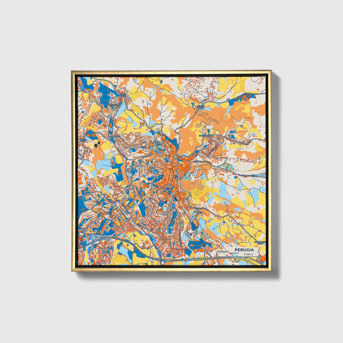 Perugia Italy Colorful City Map Canvas Print • Gold Framed