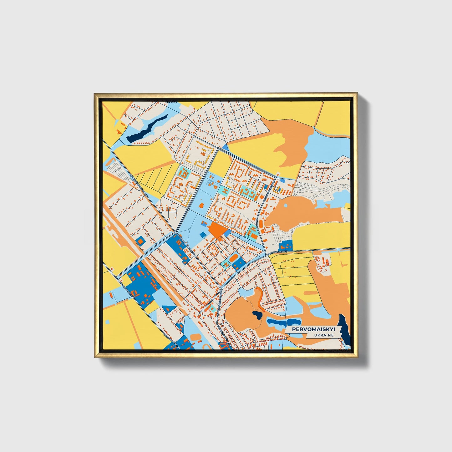 Первомайський Ukraine Colorful City Map Canvas Print • Gold Framed
