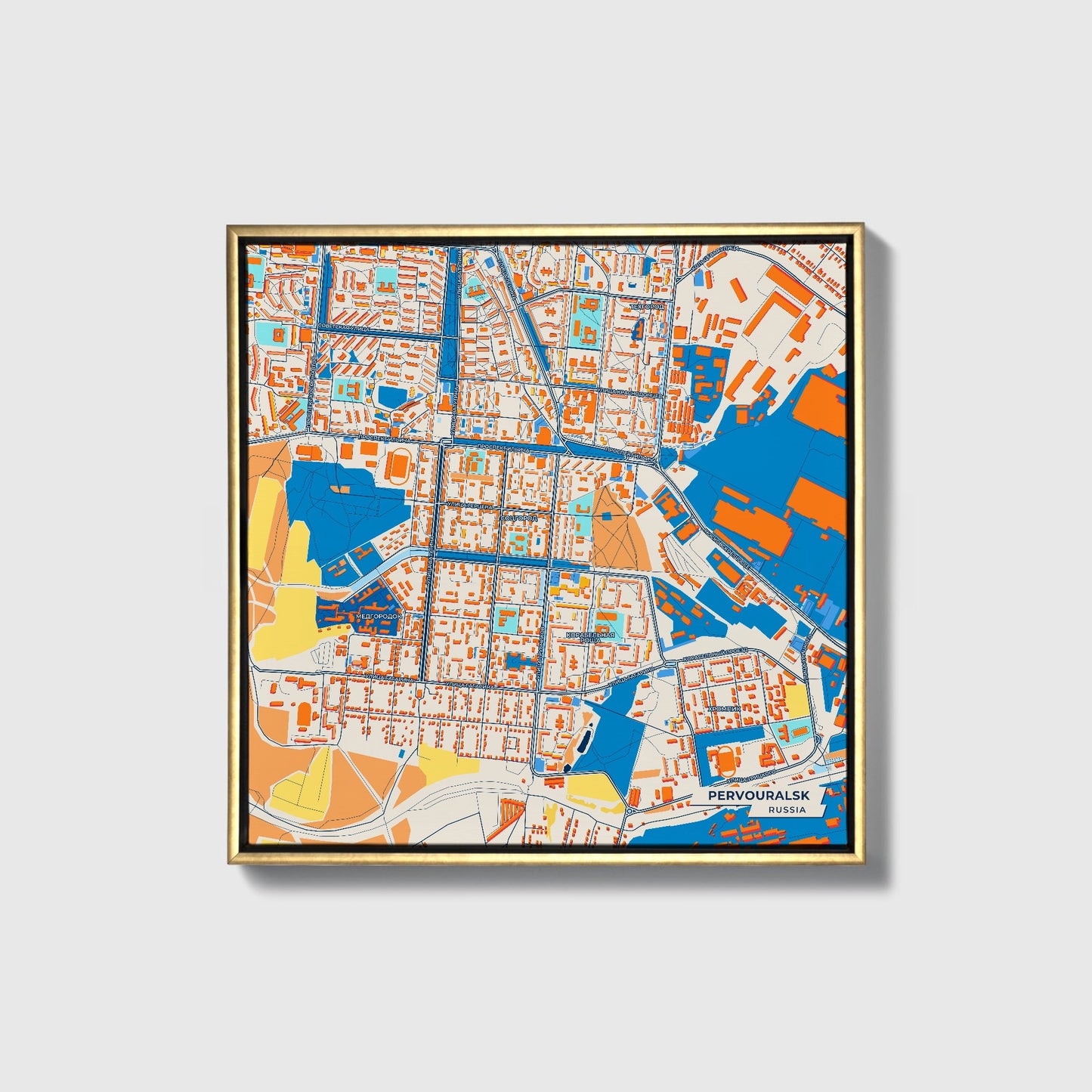 Первоуральск Russia Colorful City Map Canvas Print • Gold Framed