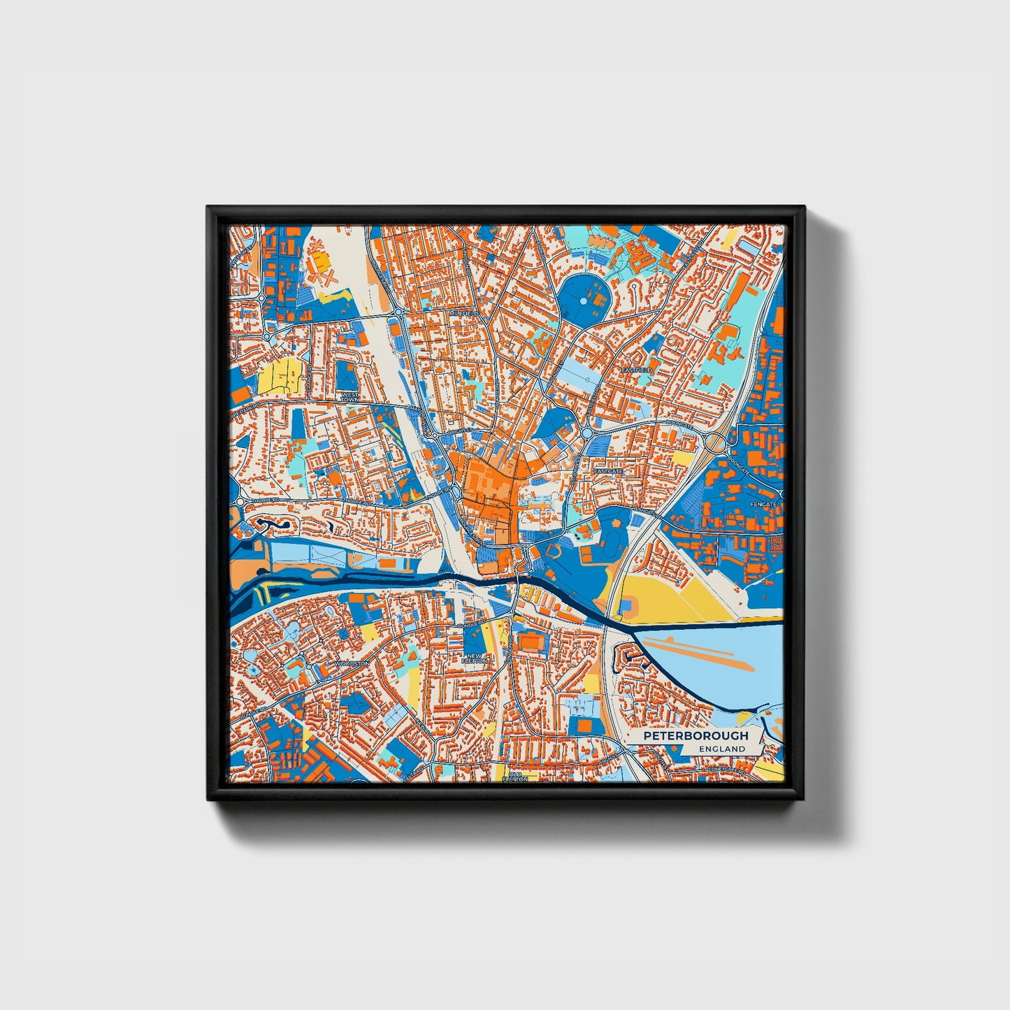 Peterborough England Colorful City Map Canvas Print • Black Framed