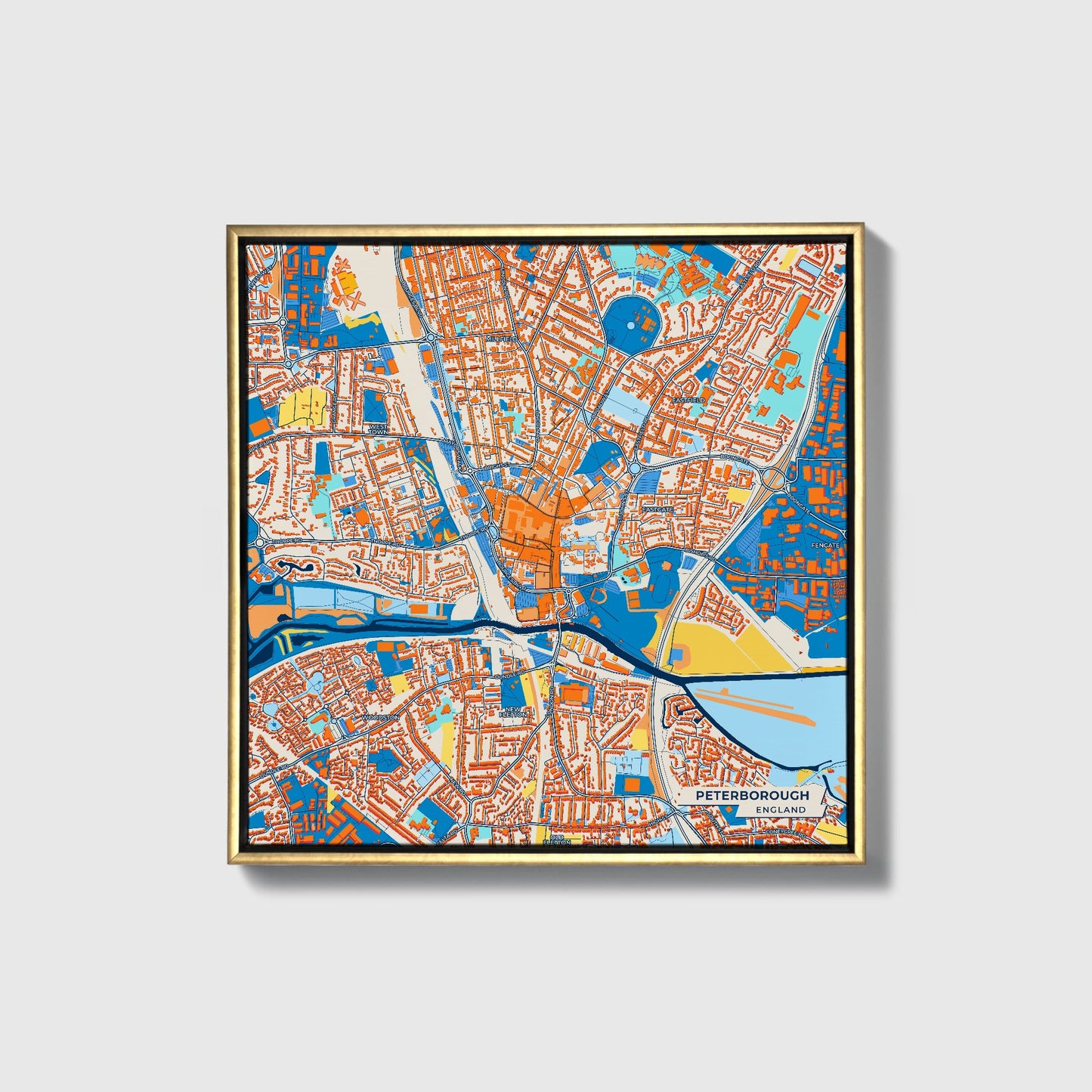 Peterborough England Colorful City Map Canvas Print • Gold Framed