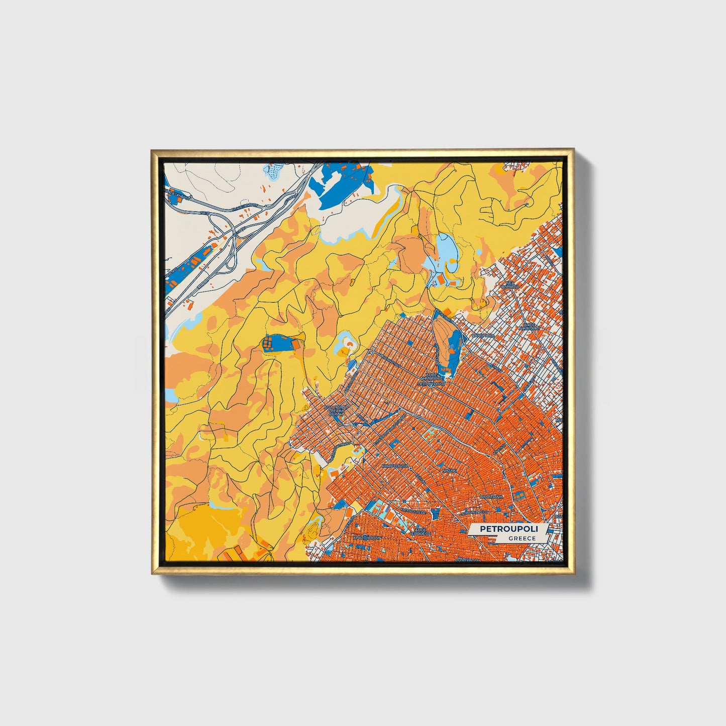 Petroupoli Greece Colorful City Map Canvas Print • Gold Framed